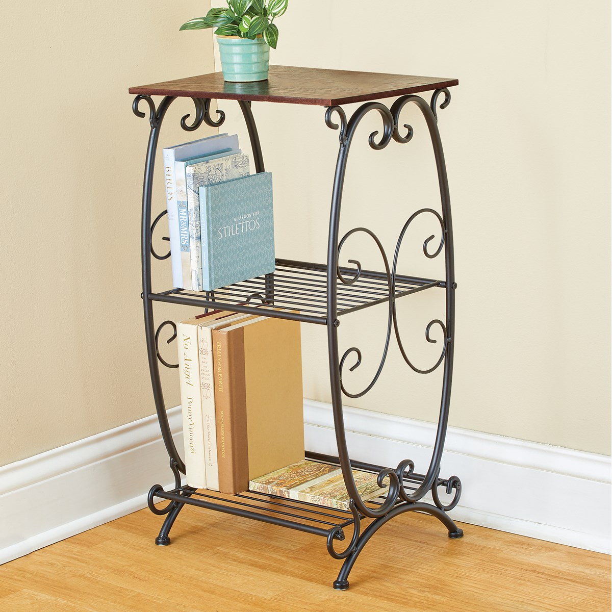 3Tier Metal Shelves with Cherry Finish Wood Top End Table