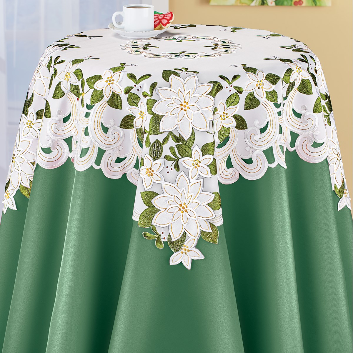 Embroidered White Poinsettia Garden Table Linens Collections Etc.