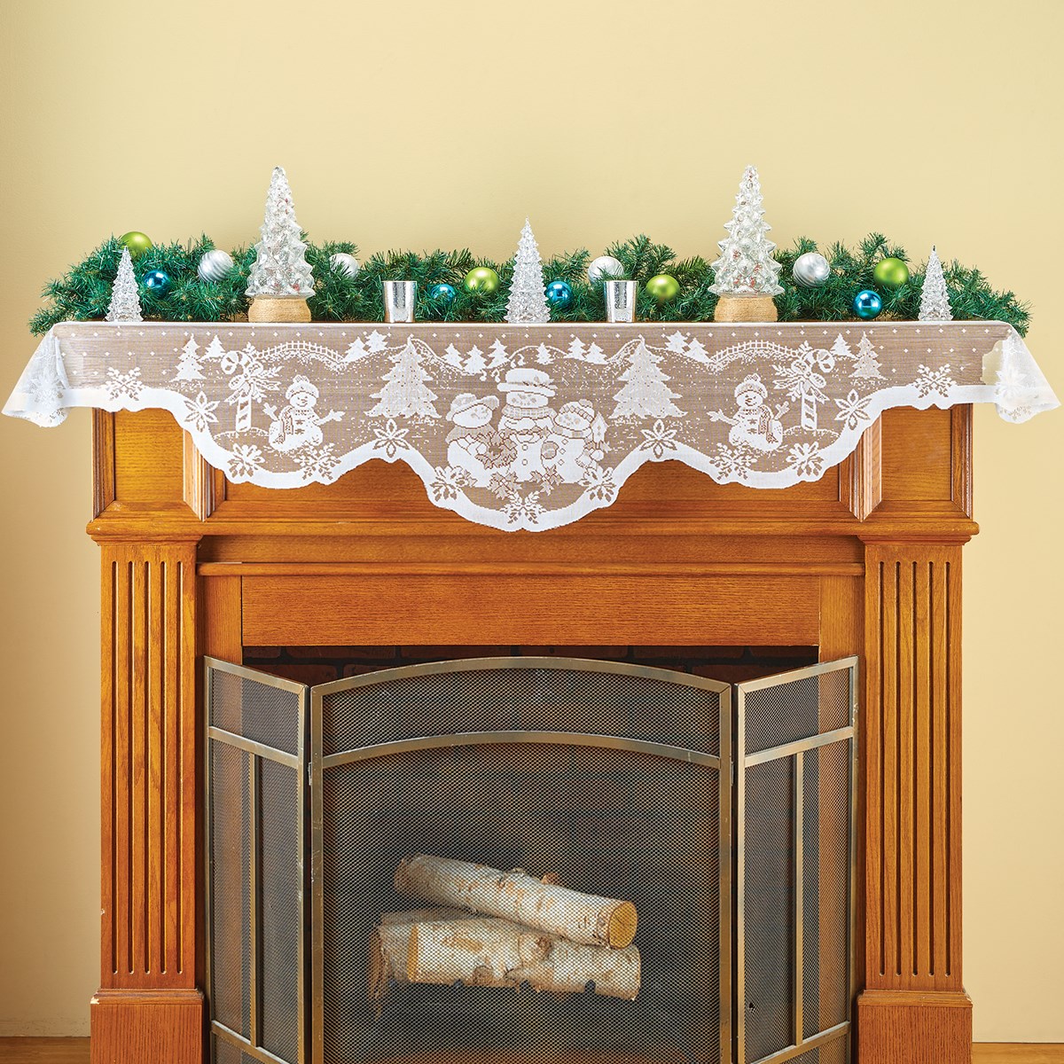 Christmas Snowman Family White Lace Mantel Scarf Collections Etc.