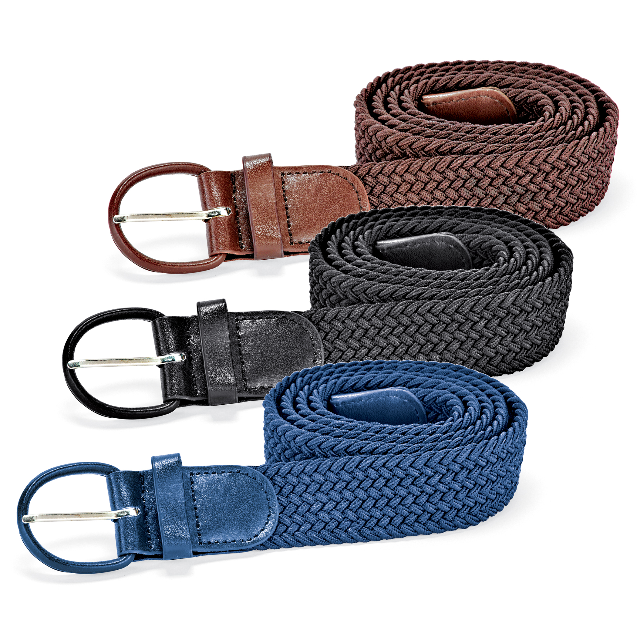 Stylish Braided Stretch Belts - Set of 3 | Black, Brown, Navy Blue | Polyester, Elastane, X-Large