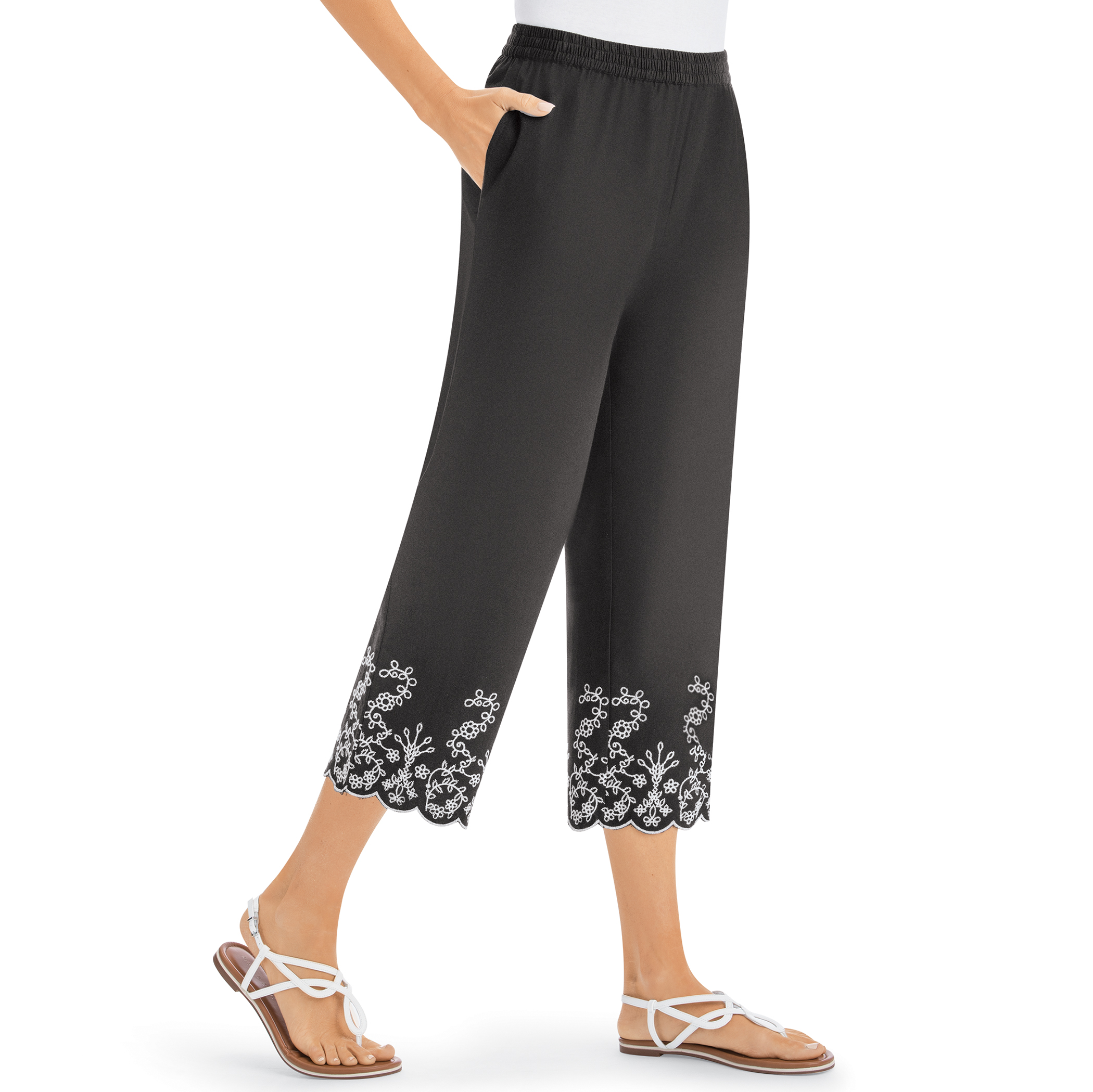 Embroidered Scallop Hem Cotton Capri Crop Pants Medium Black
