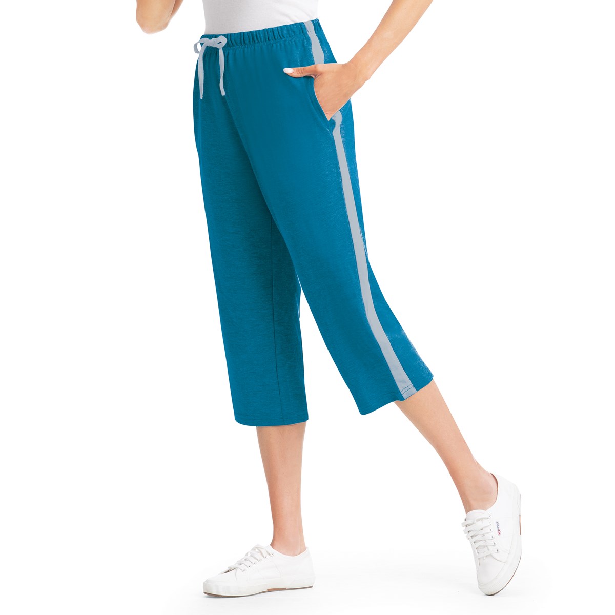 Sporty Side Stripe Drawstring Casual Knit Capri Pants Collections Etc.