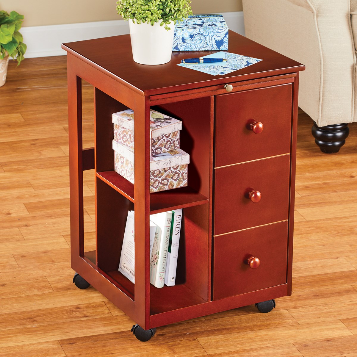 Rich Cherry Finish Rolling Storage Table with Pull Out Table