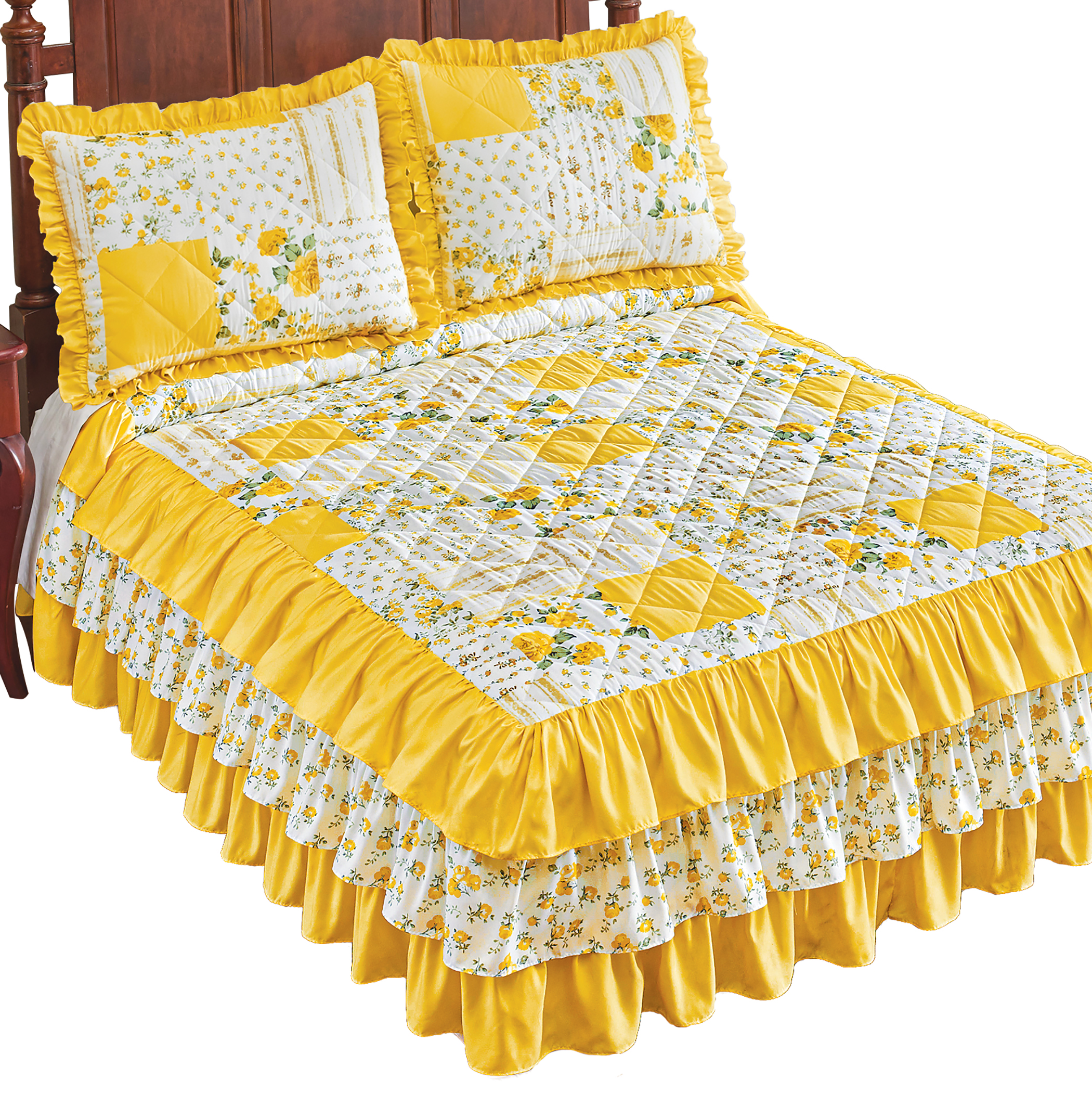 Beautiful Floral Patchwork Ruffled Quilt Top Bedspread Twin Gender Neutral Yellow/White, Yellow/White