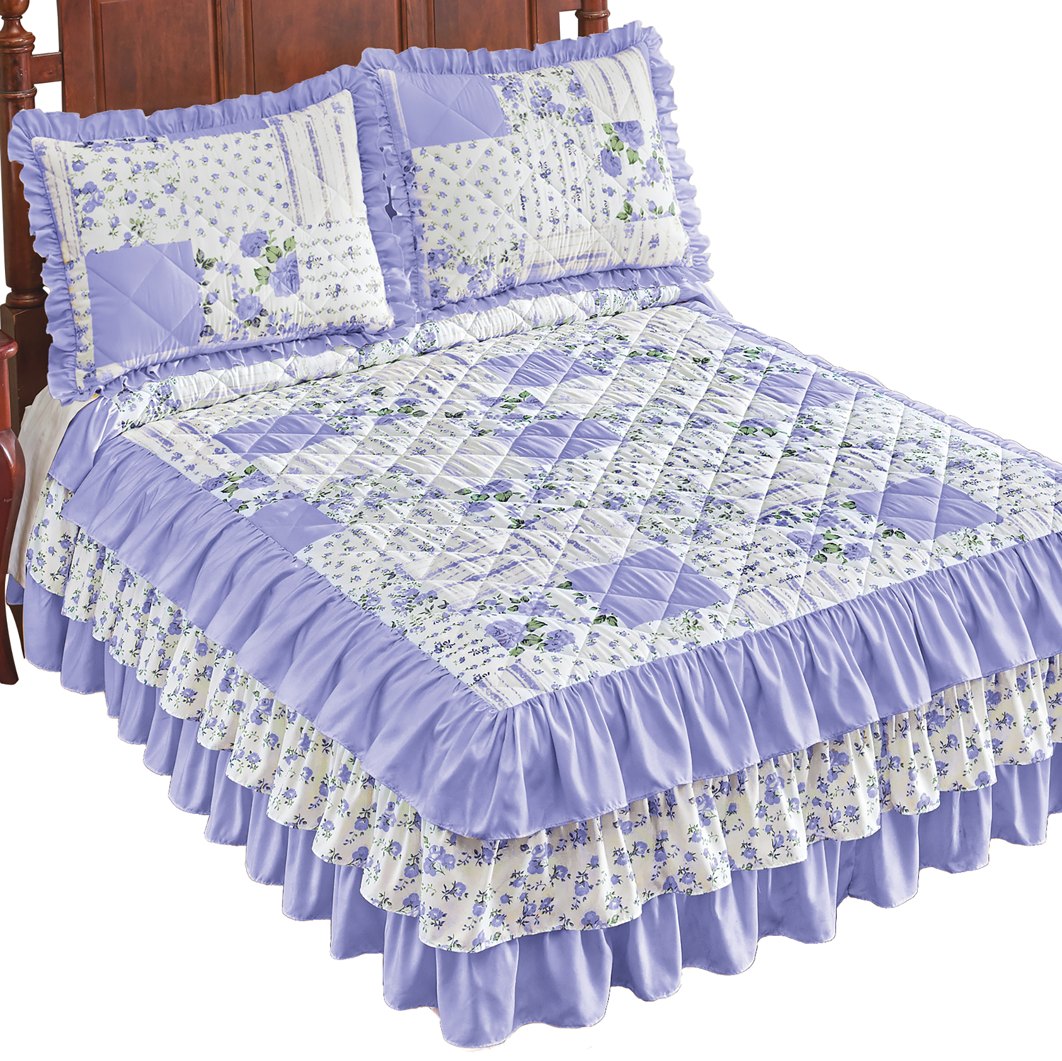 Beautiful Floral Patchwork Ruffled Quilt Top Bedspread King Gender Neutral Periwinkle