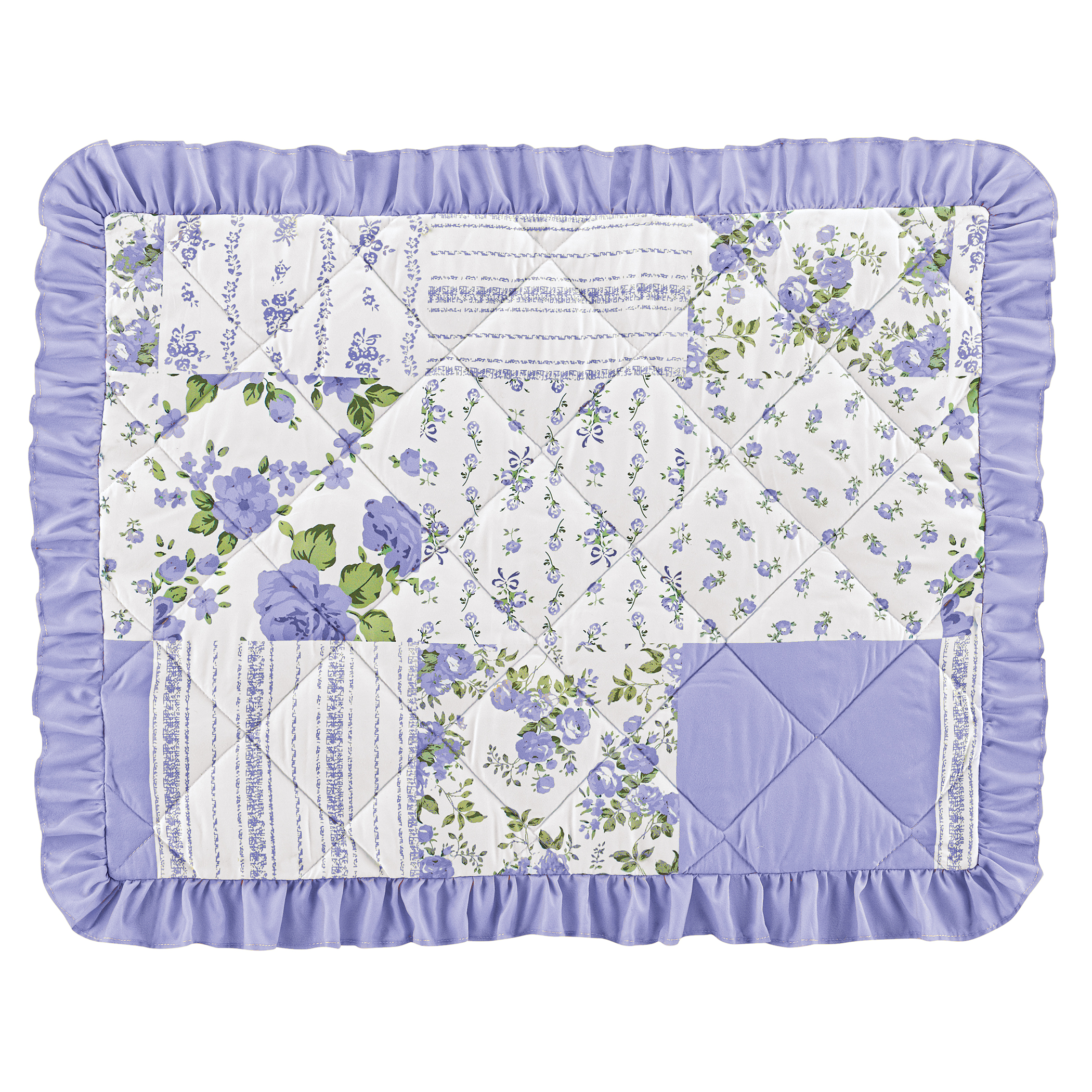 Beautiful Floral Patchwork Ruffled Quilt Top Pillow Sham Sham Gender Neutral Periwinkle