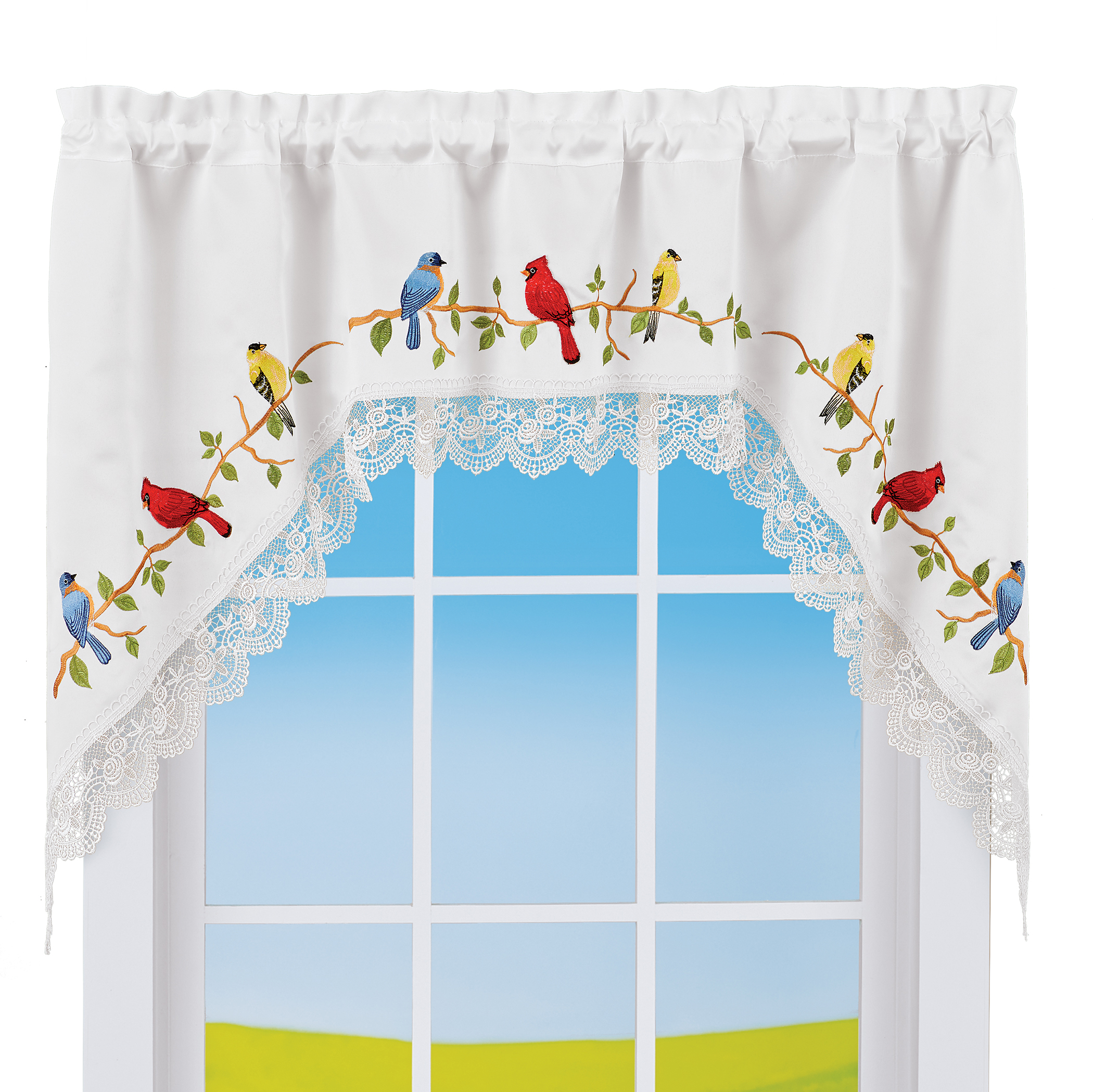 Embroidered Birds On Branches Rod Pocket Top Window Curtains, Valance