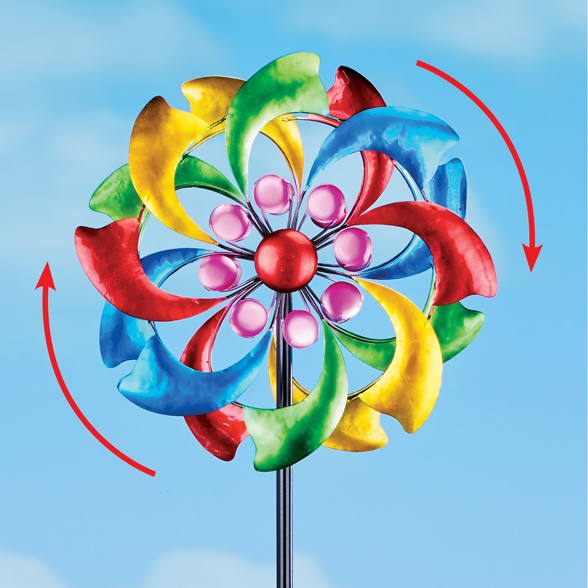 Vibrant Rainbow Colors Double Wind Spinner Garden Stake Collections Etc.