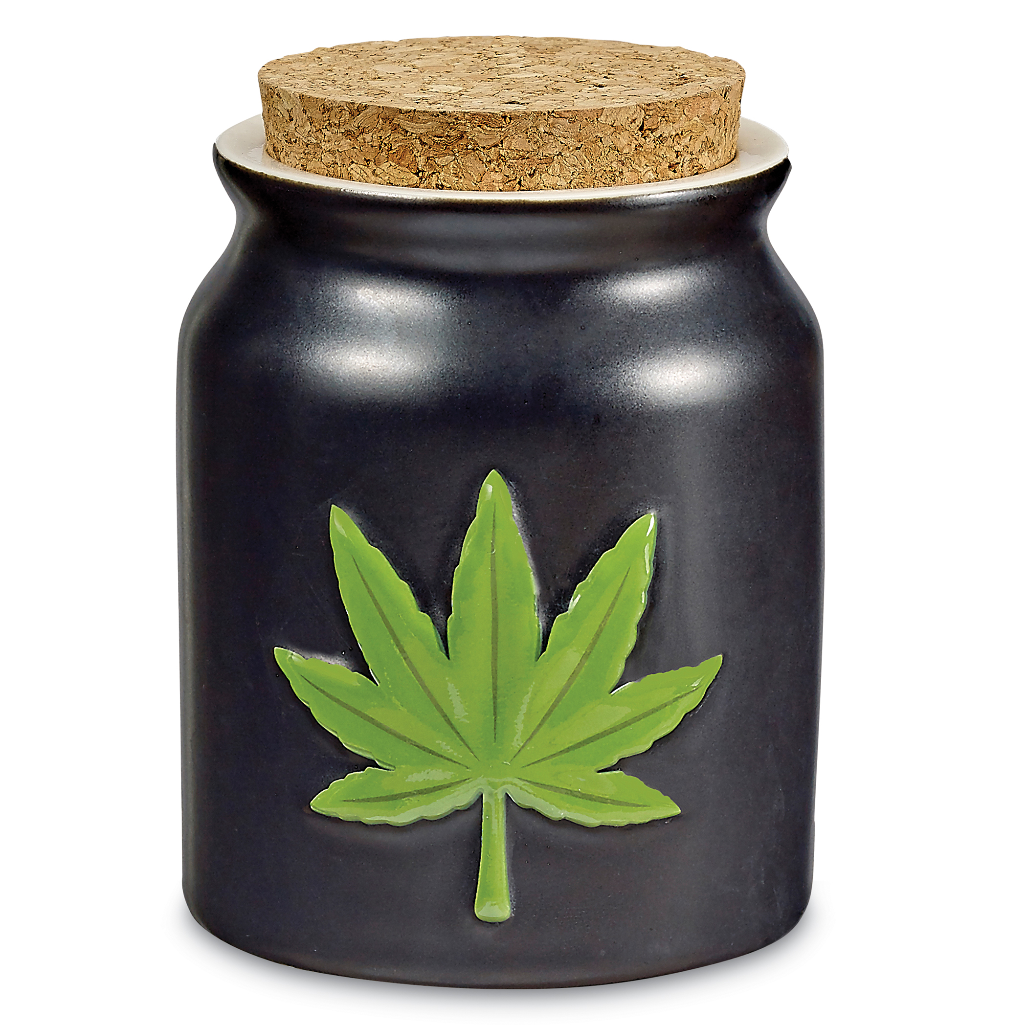 Green Marijuana Leaf Black Ceramic Stash Jar with Cork Top