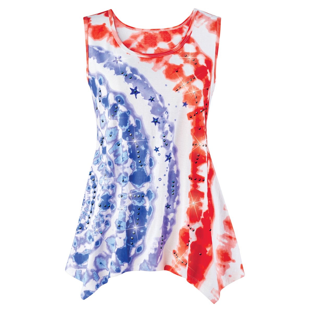 Sparkling Patriotic Tie Dye Sleeveless Summer Tunic Top Collections Etc.