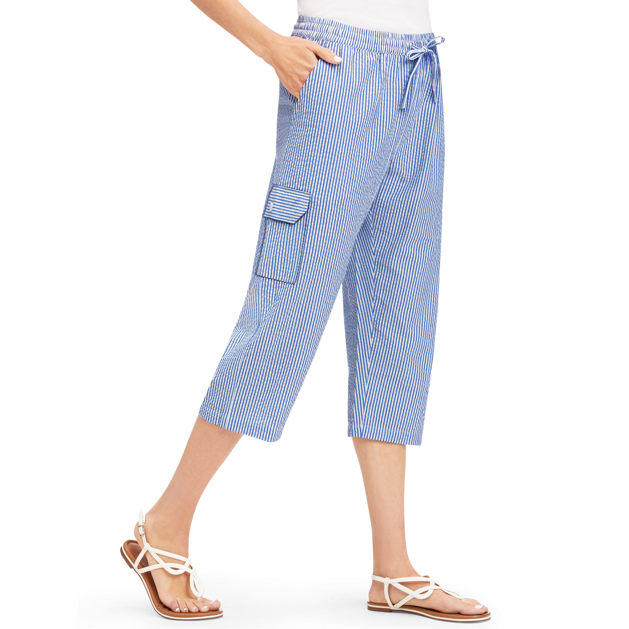 Striped Seersucker Drawstring Cargo Pocket Capri Pants