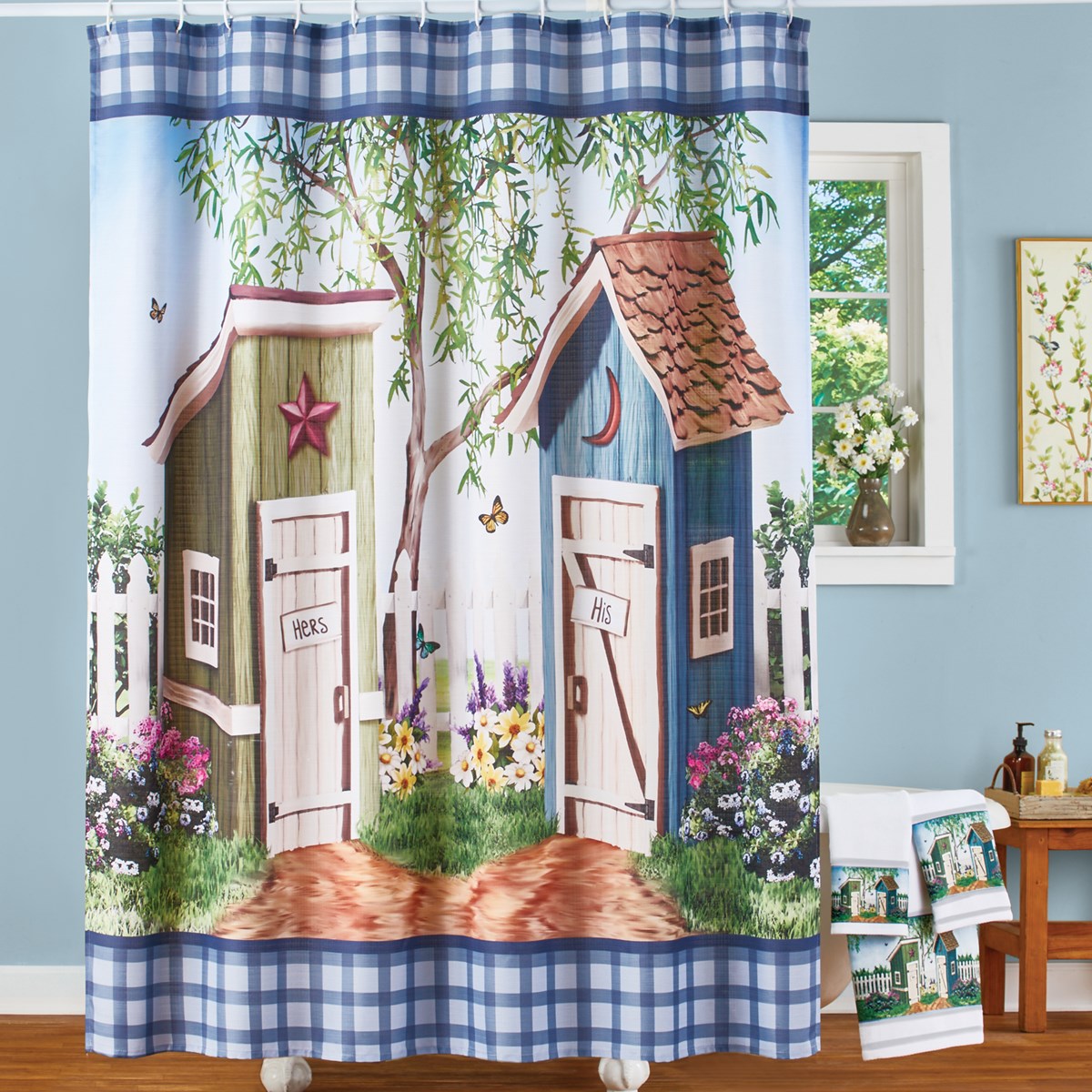 His & Hers Garden Outhouse Scene Bathroom Shower Curtain Collections Etc.