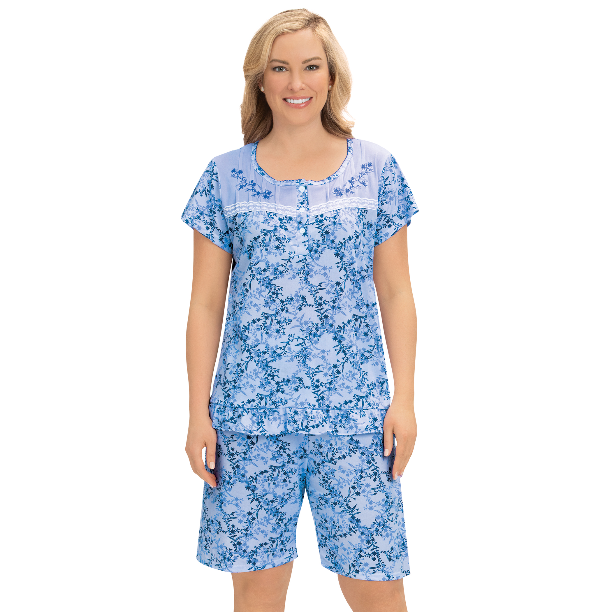 Floral Pajama Short Sleeve Shirt and Shorts Set, Blue, XX-Large