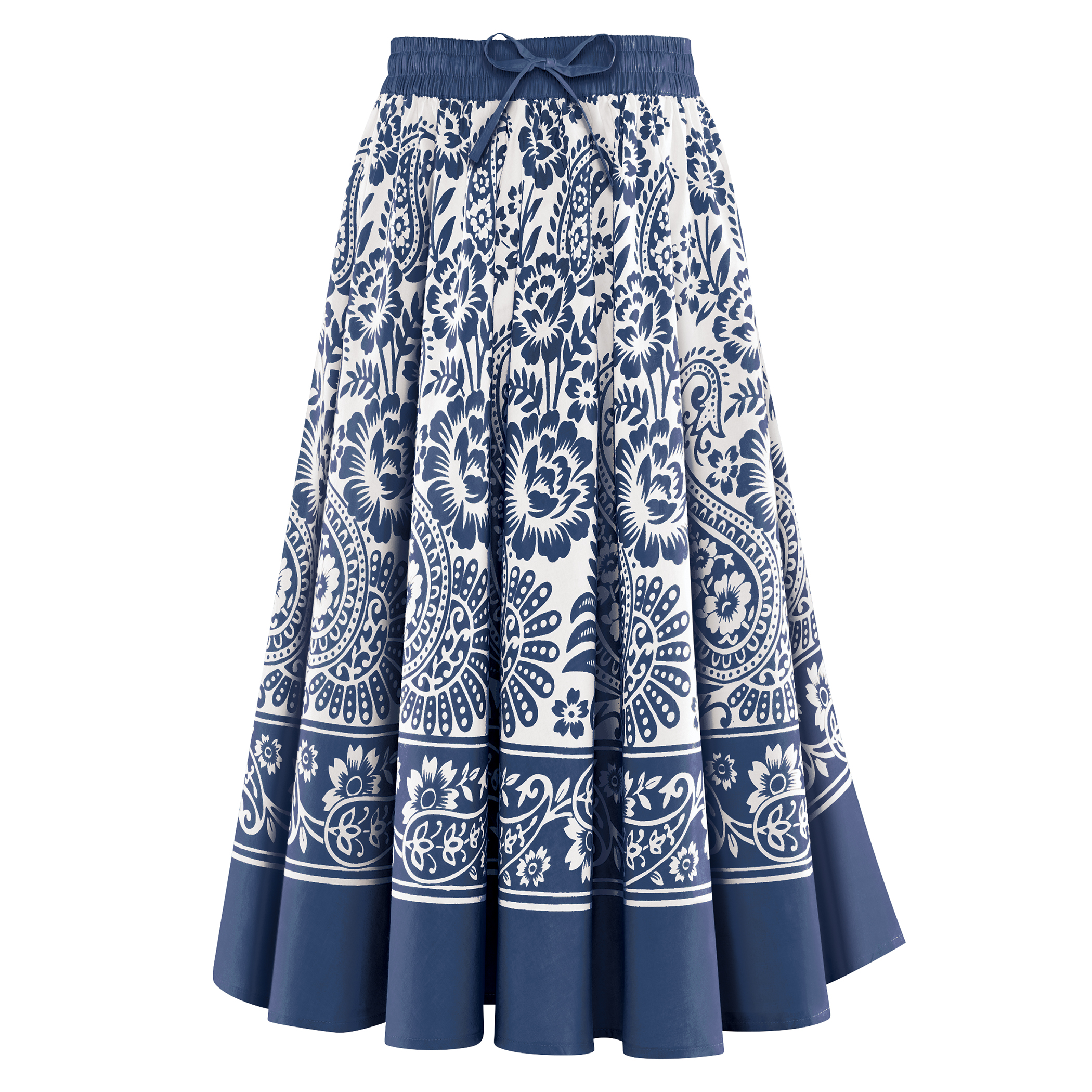 Paisley Print Circle & Elastic Smocked Waist Cotton Skirt