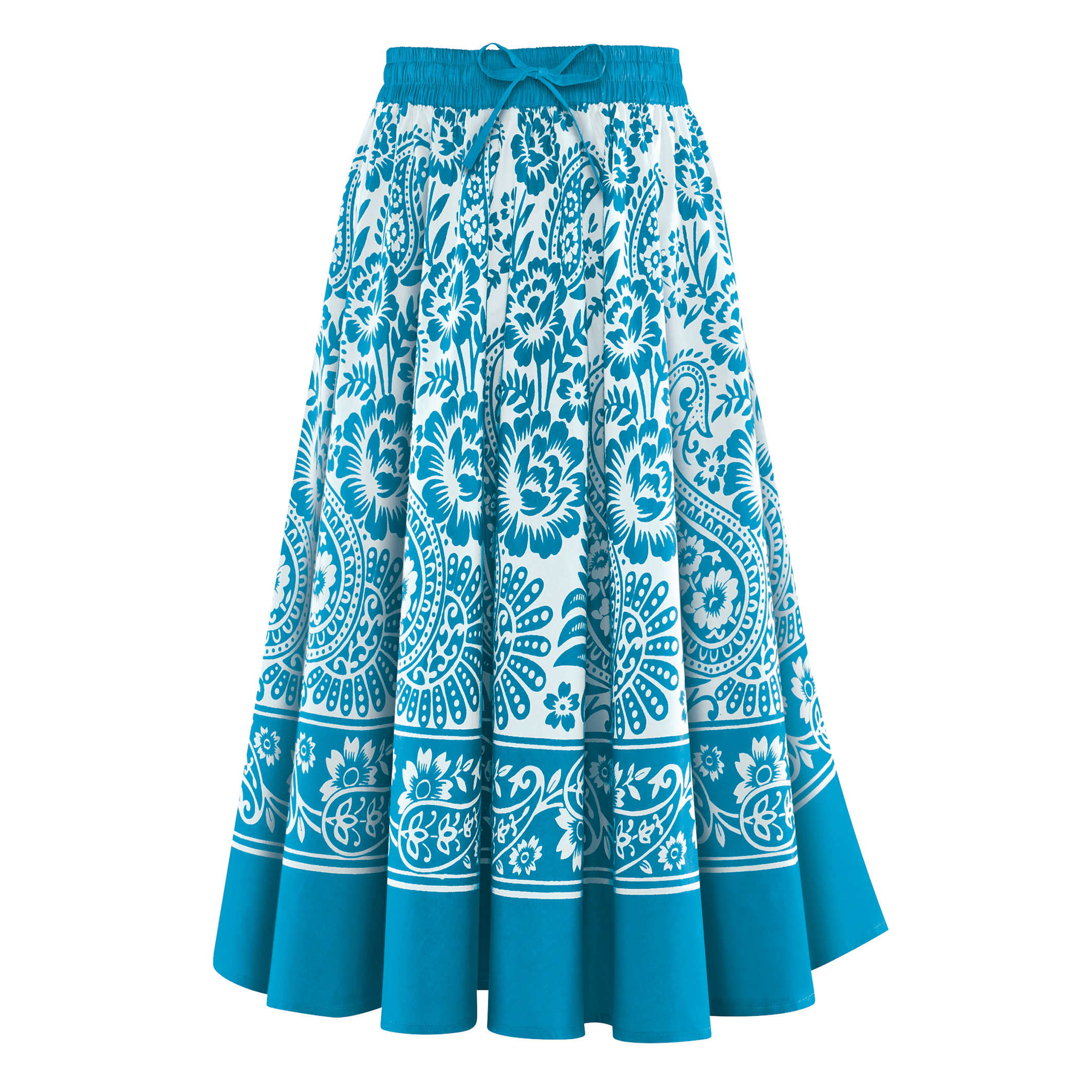 Paisley Print Circle & Elastic Smocked Waist Cotton Skirt Large Navy