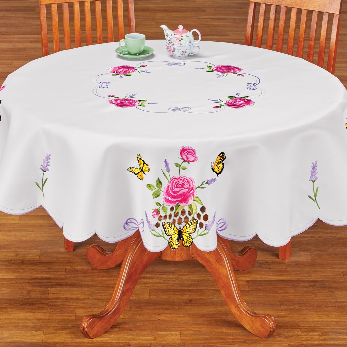 Embroidered Pink Roses & Butterflies Scalloped Tablecloth Collections
