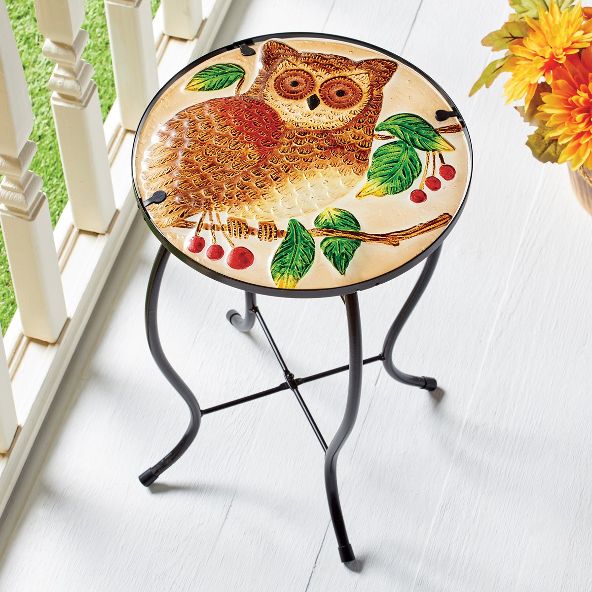 Round Owl Glass Outdoor Patio Accent Table Collections Etc.