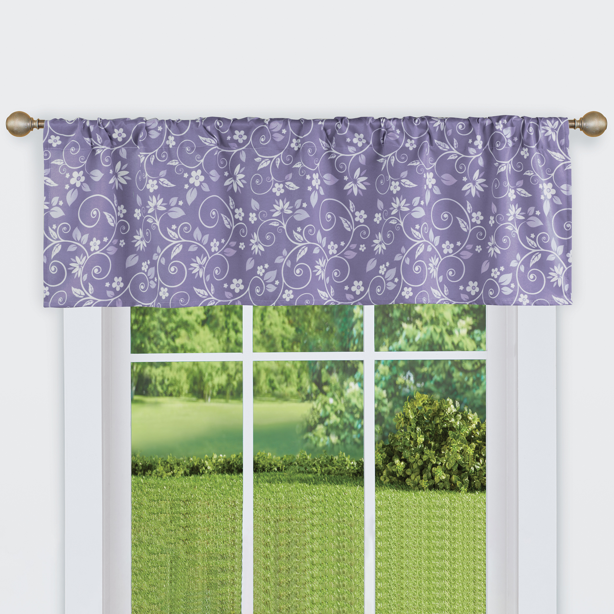 Floral Scrolling Vine Pattern Rod Pocket Top Window Drapes, Lavender, Valance