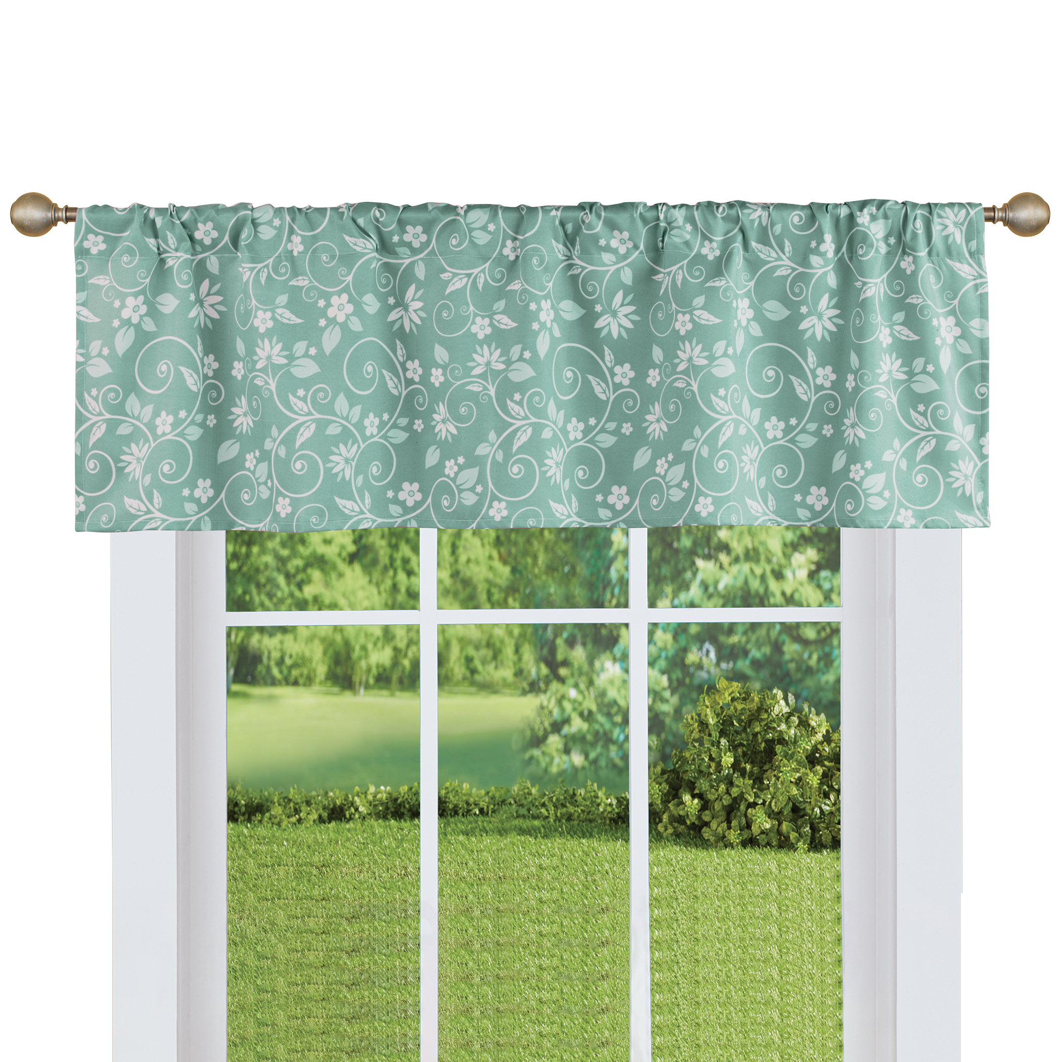 Floral Scrolling Vine Pattern Rod Pocket Top Window Drapes, Sage, Valance