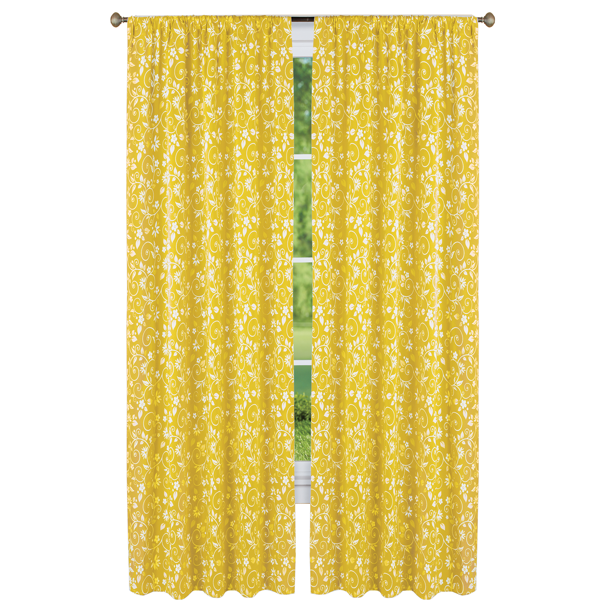 Floral Scrolling Vine Pattern Rod Pocket Top Window Drapes