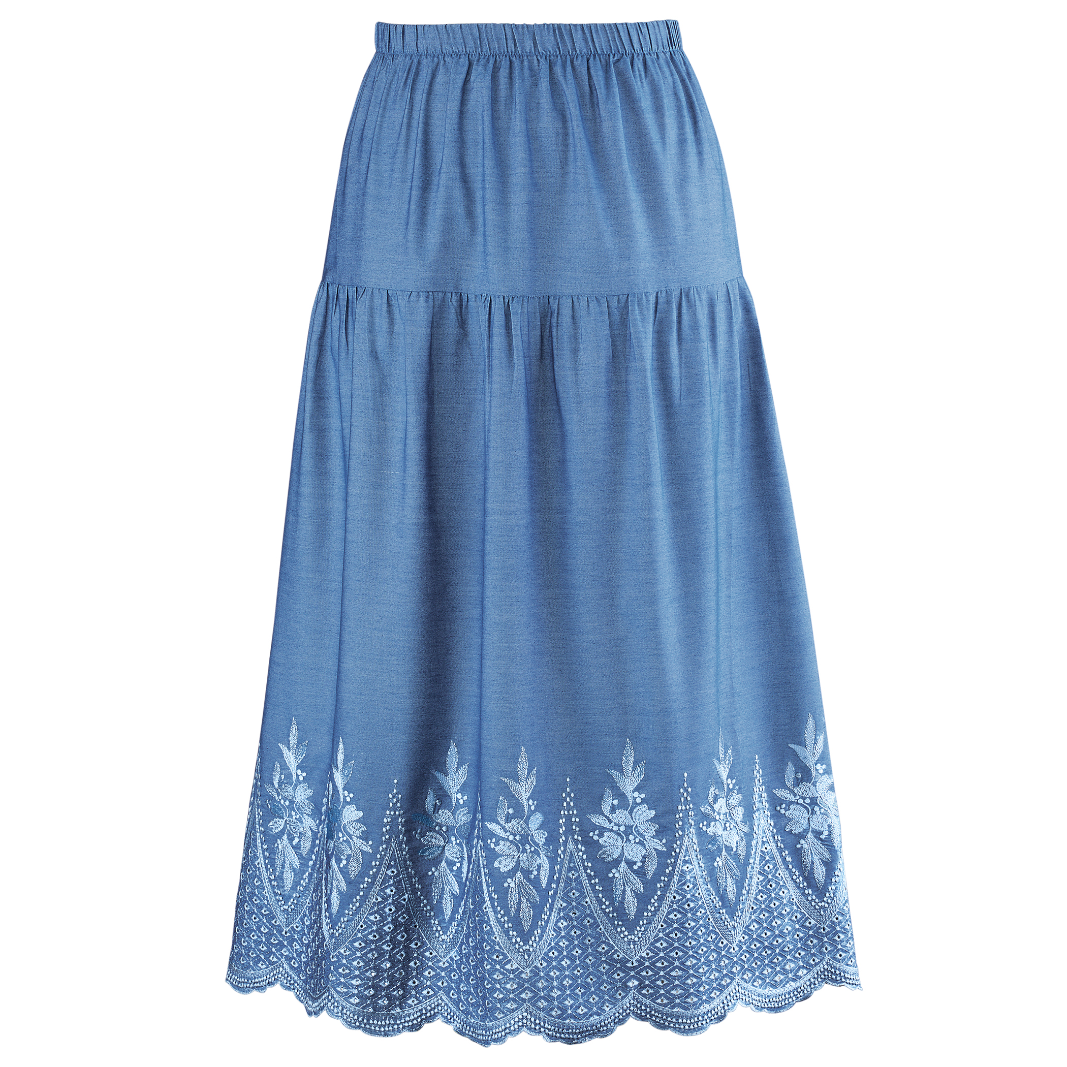 Women's Elastic Waistband Embroidered Scalloped Denim Skirt Denim Small