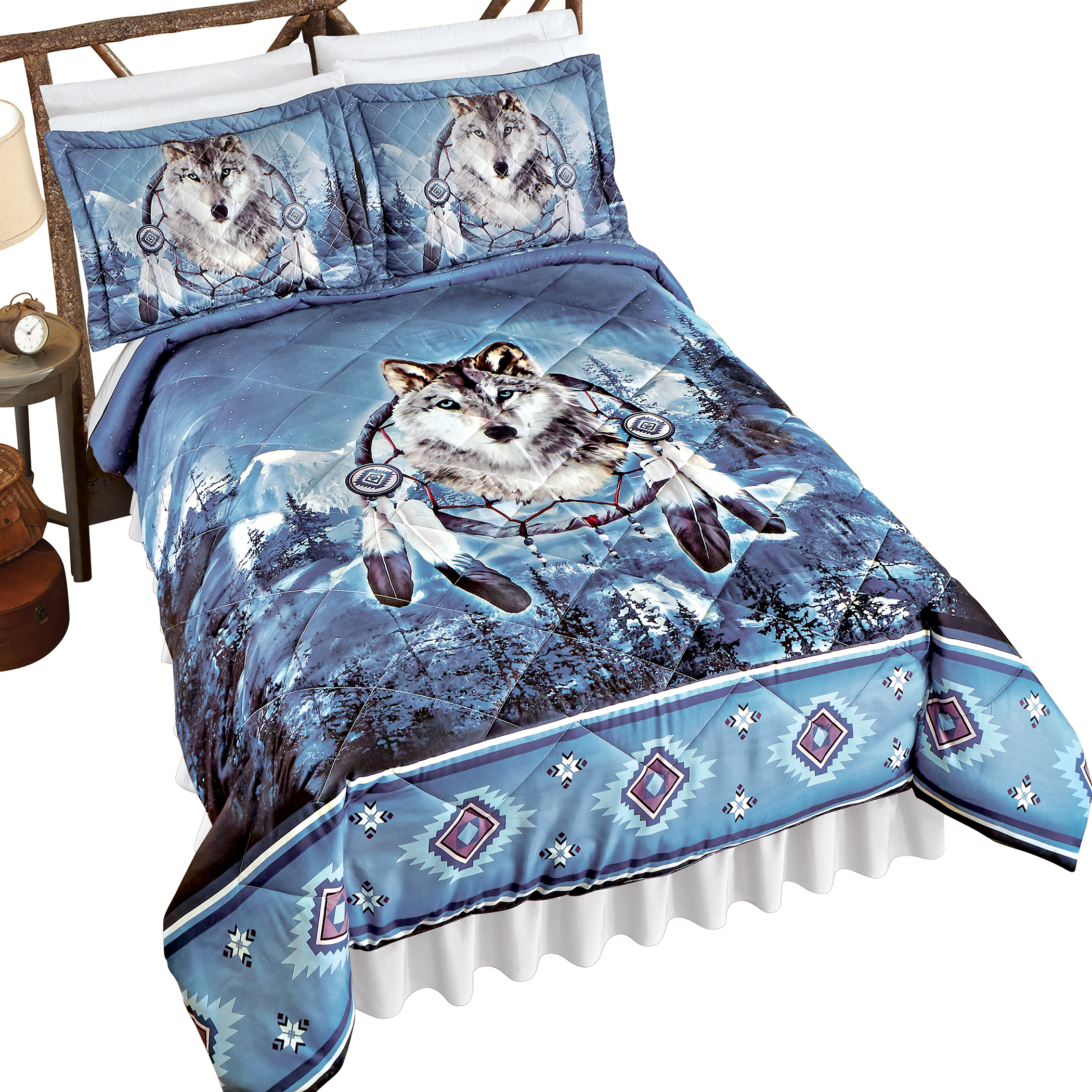 Wolf Dreamcatcher Aztec Border Comforter Set Blue & Grey King