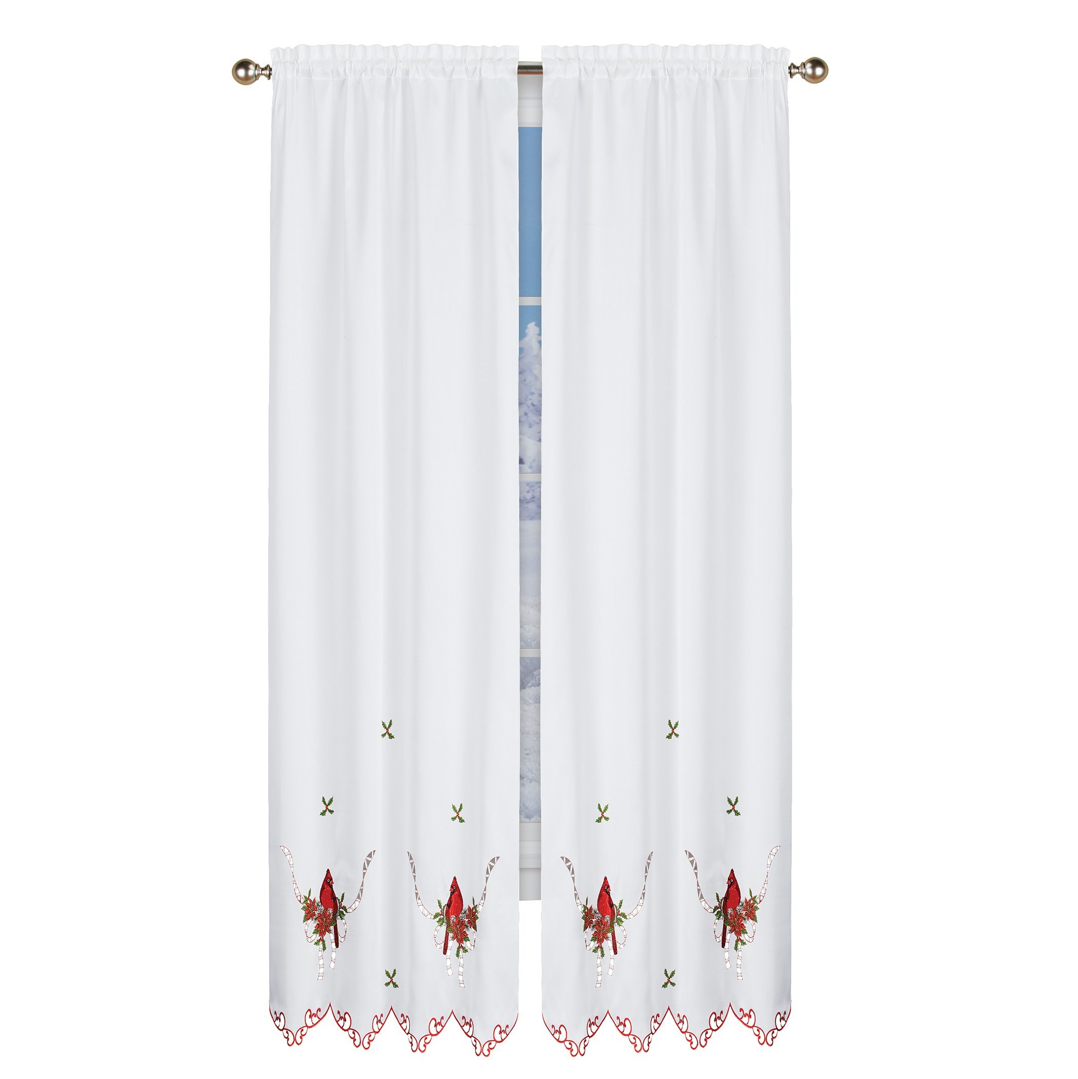 Embroidered Cardinals and Poinsettia Curtains, 84" Panels