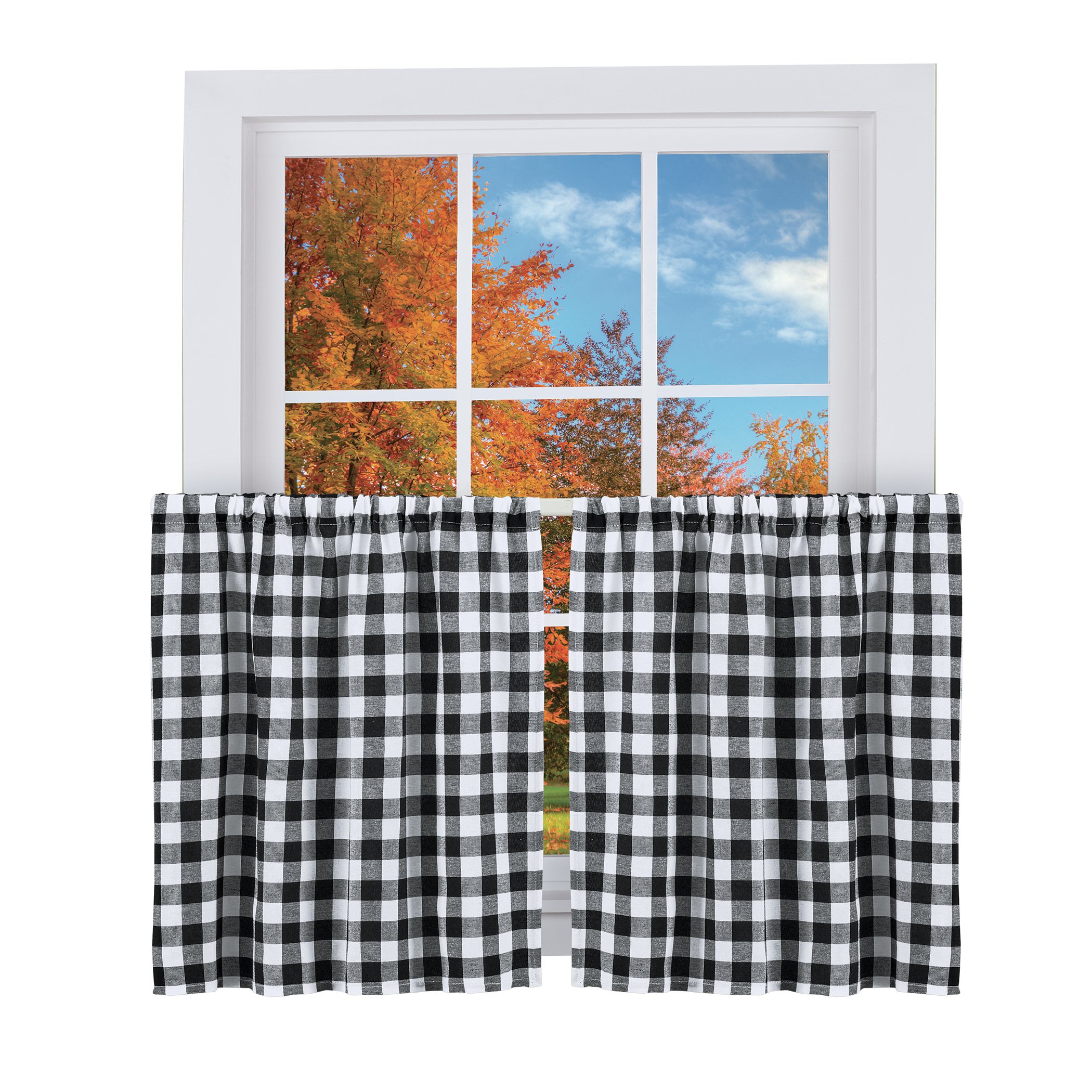 Buffalo Check Farmhouse Café Curtain Collection, Black And White, 24"L Tiers