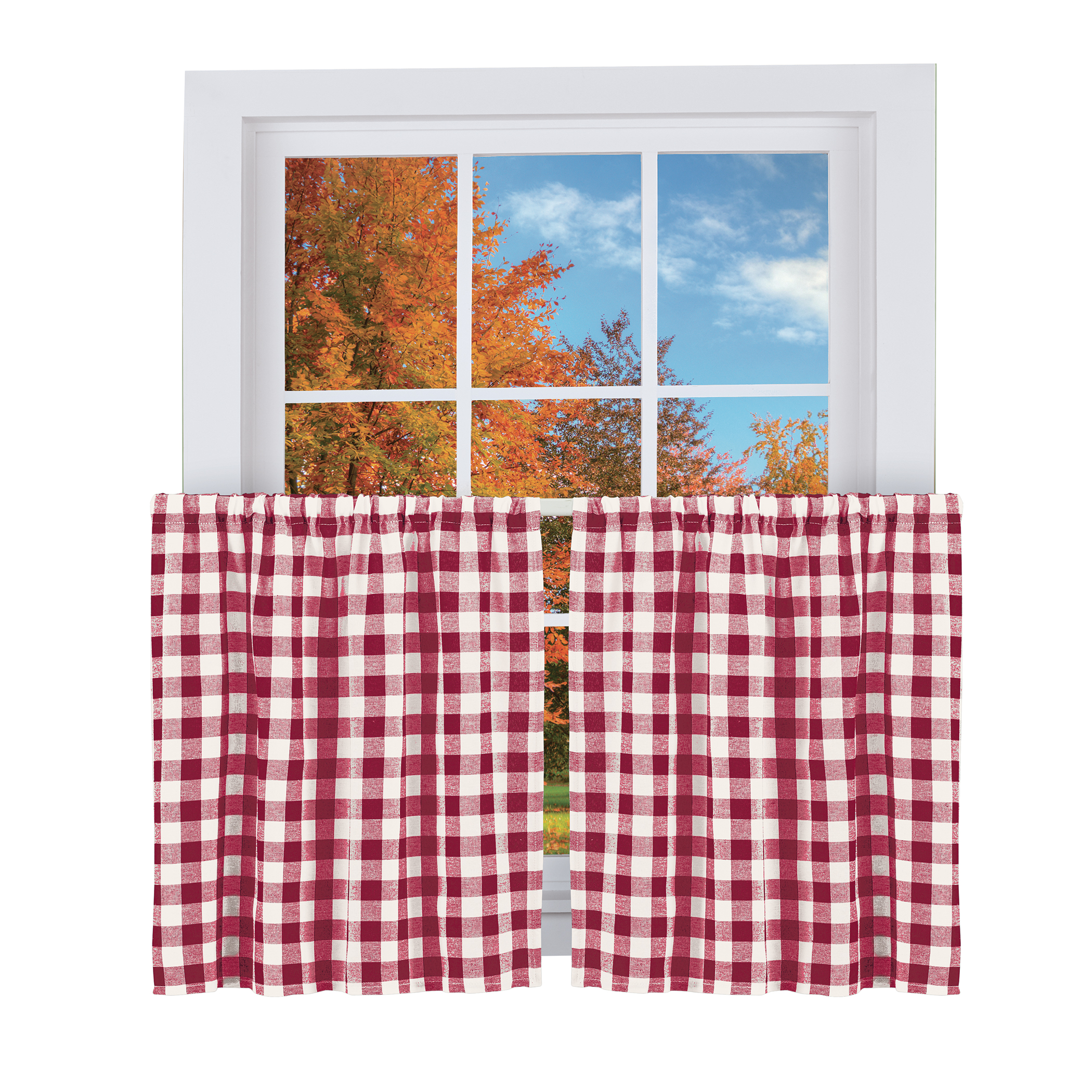 Buffalo Check Farmhouse Café Curtain Collection, Burgundy, 24"L Tiers