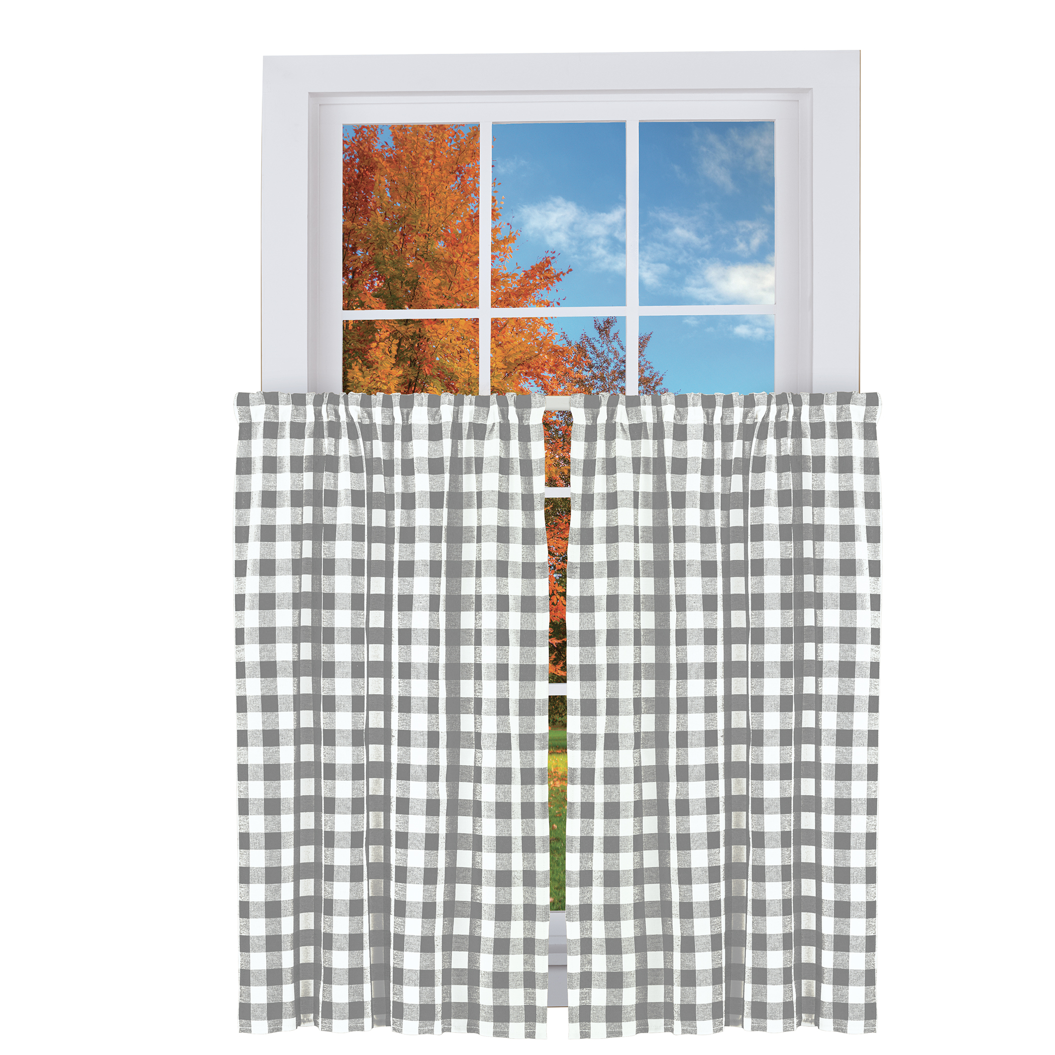 Buffalo Check Farmhouse Café Curtain Collection, Grey, 36"L Tiers