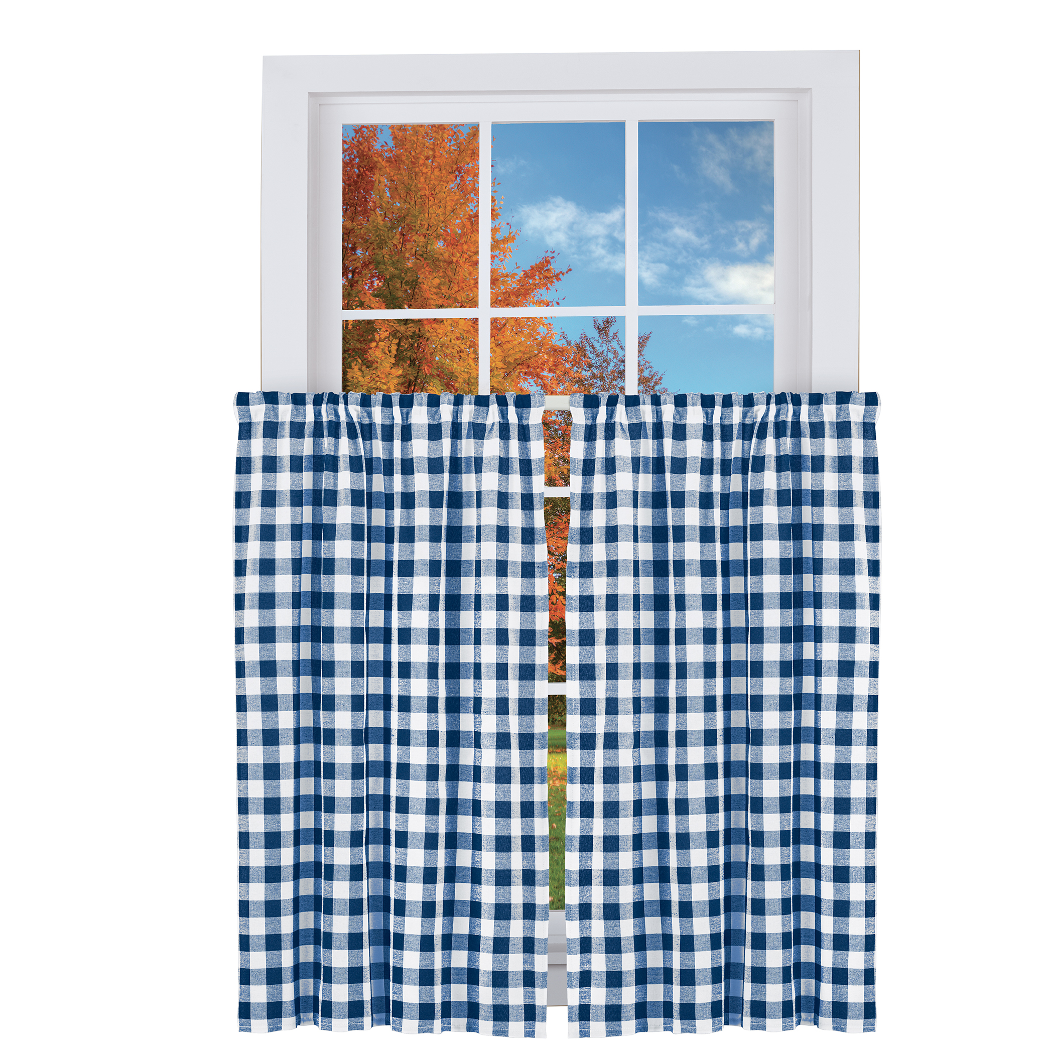 Buffalo Check Farmhouse CafÃ© Curtain Collection, Navy, 36"L Tiers