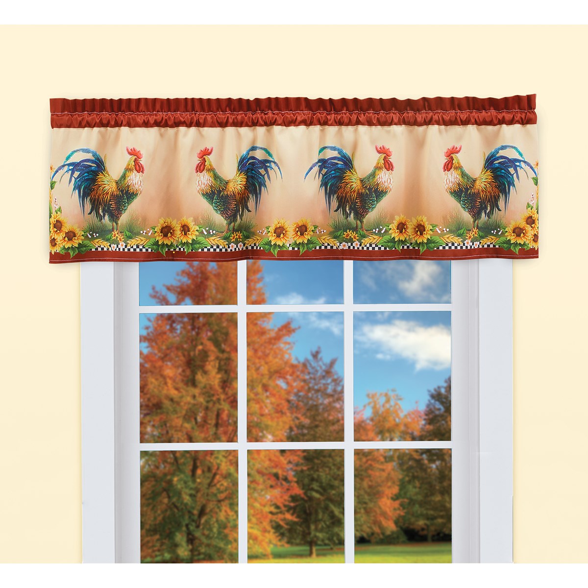 Country Rooster and Sunflowers Printed Window Valance Collections Etc.