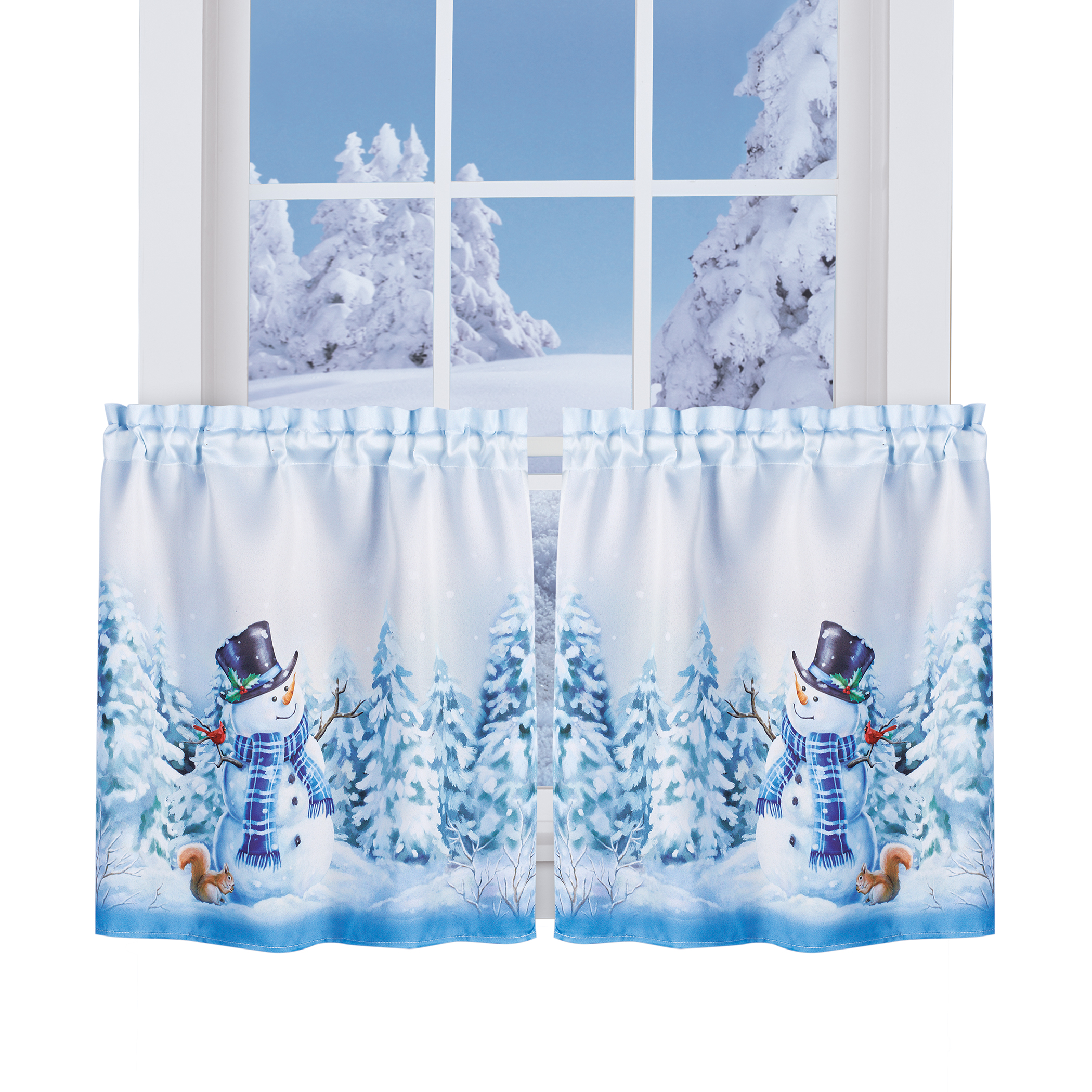 Winter Snowman and Pine Printed Curtains 24"L Tiers