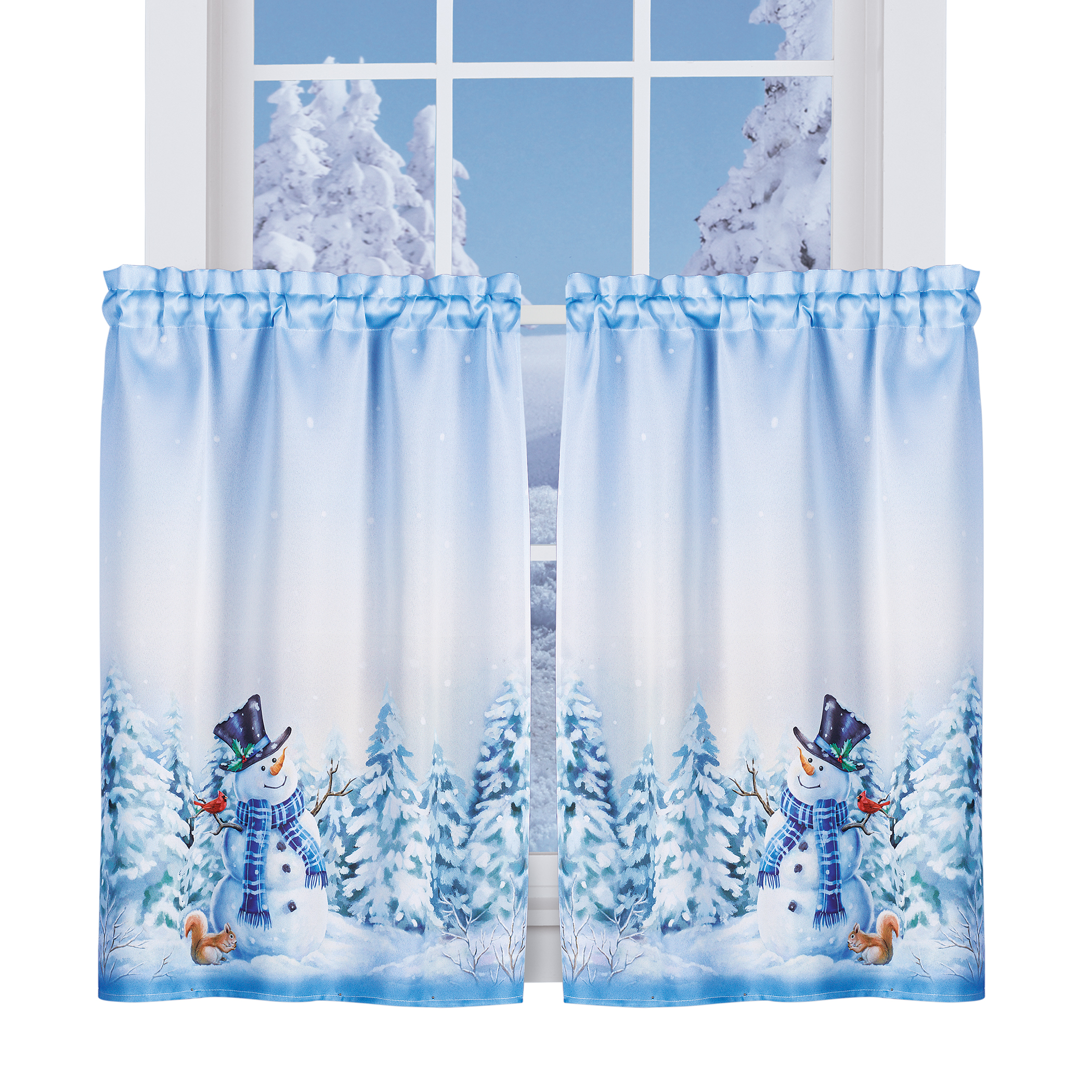 Winter Snowman and Pine Printed Curtains 36"L Tiers