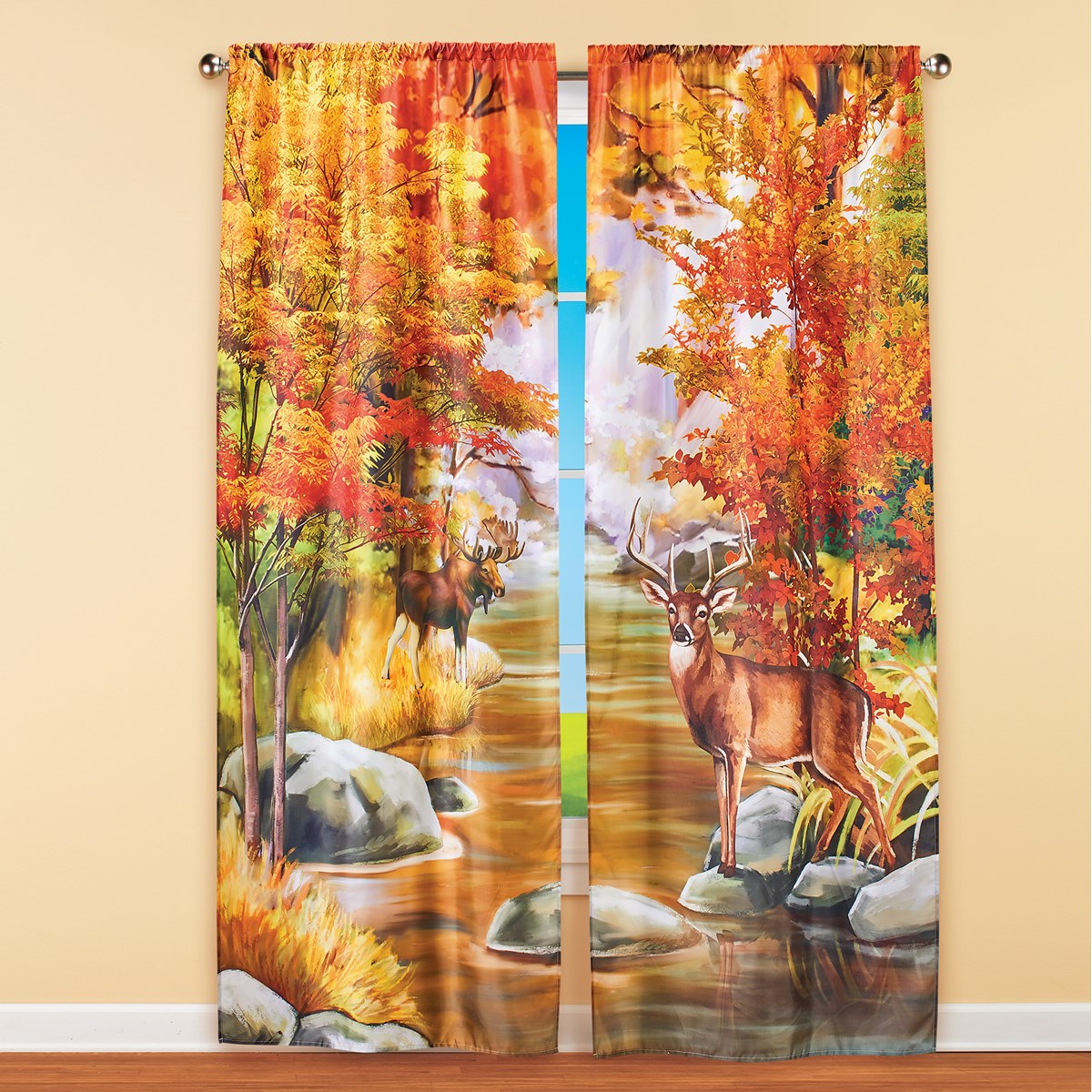 Fall Woodland Stream Scenic Curtains with Rod Pocket Top Collections Etc.