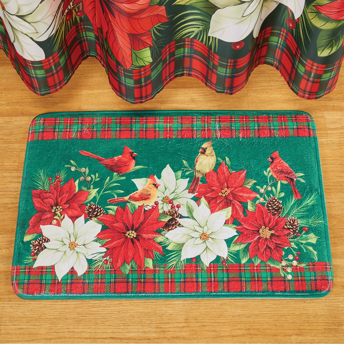 Poinsettia & Cardinal Plaid Border Holiday Bath Mat Collections Etc.