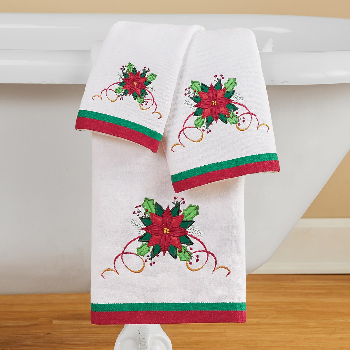 Elegant 3Piece Poinsettia Holiday Bath Towel Set Collections Etc.