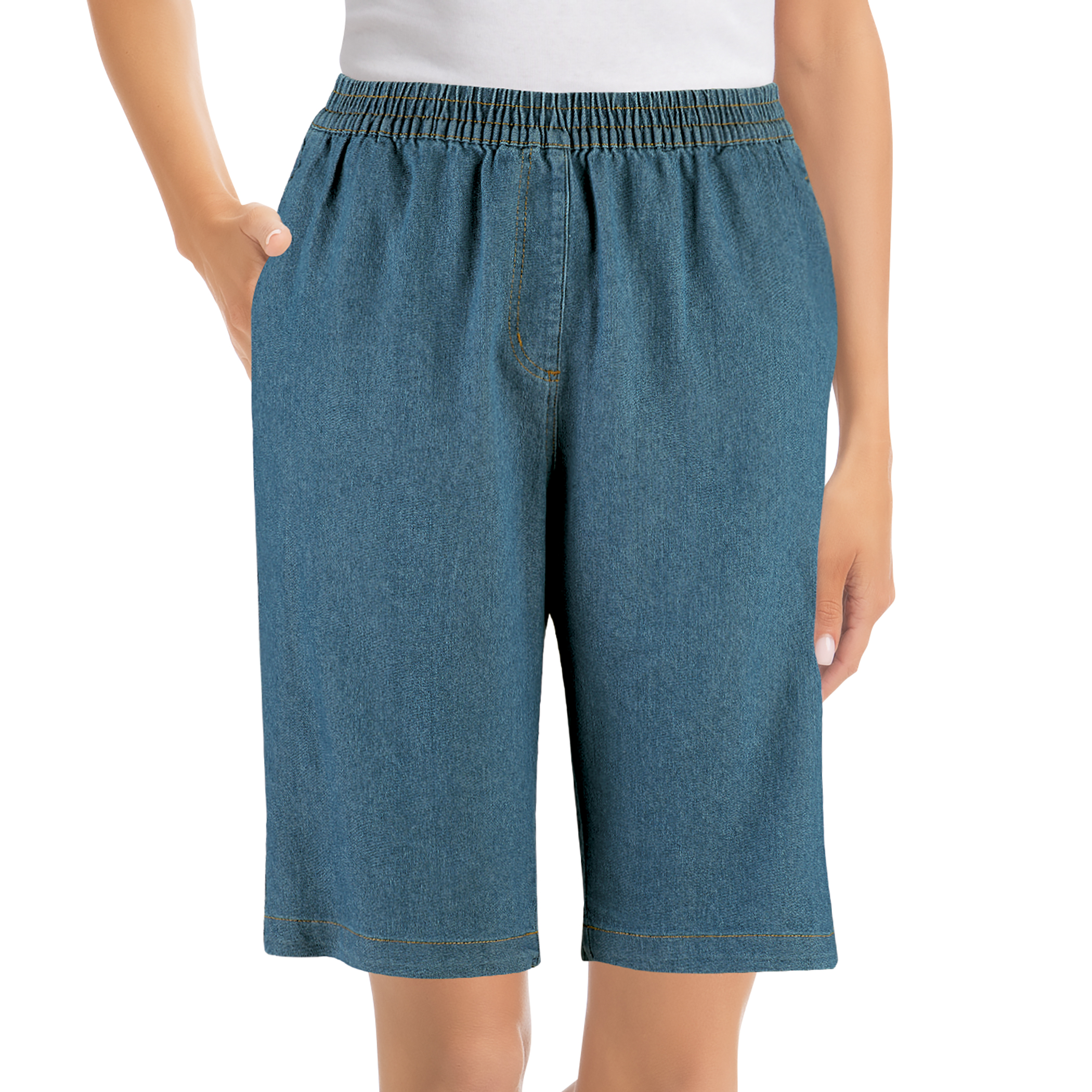 Elastic Stretch Denim Bermuda Shorts with Side Pockets - Picture 7 of 7