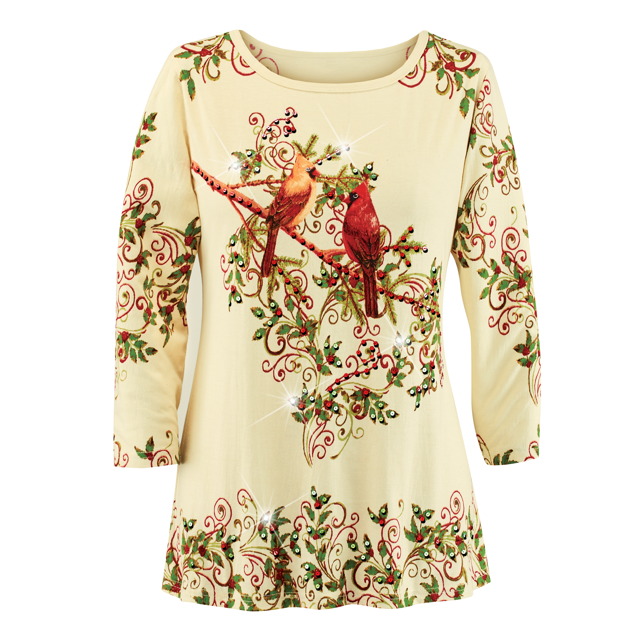 Perched Cardinal Pair Sequin Top with 3/4 Sleeves XX-Large Sage