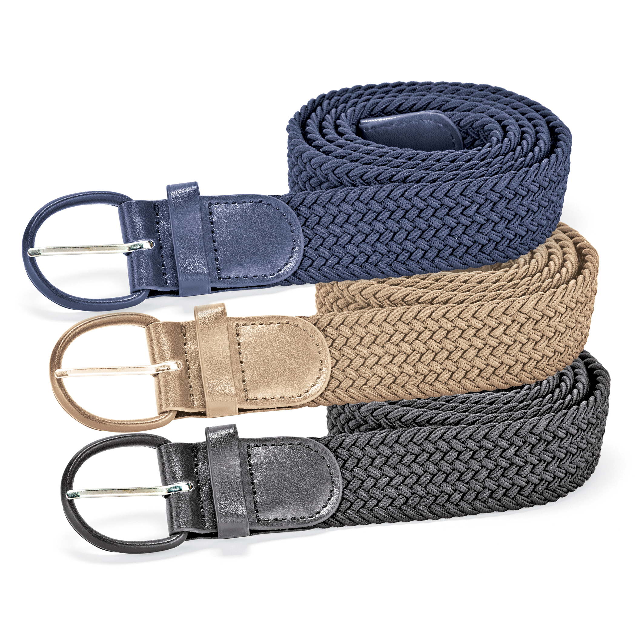Stylish Tan, Grey & Navy Braided Stretch Belts - Set of 3 Large Neutral