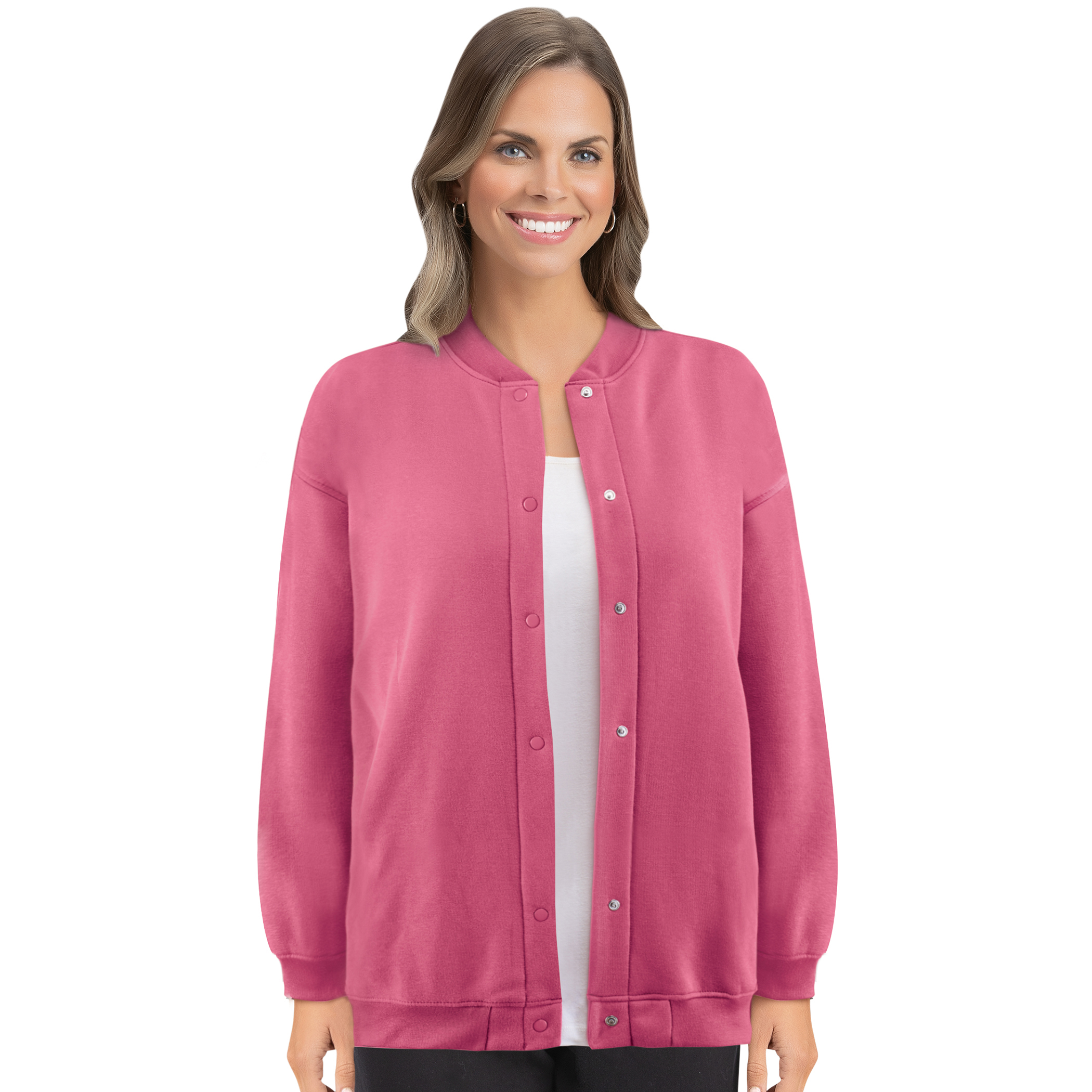 Women's Full Snap Front Fleece Jacket with Side Pockets - Polyester - Black, Rose, White