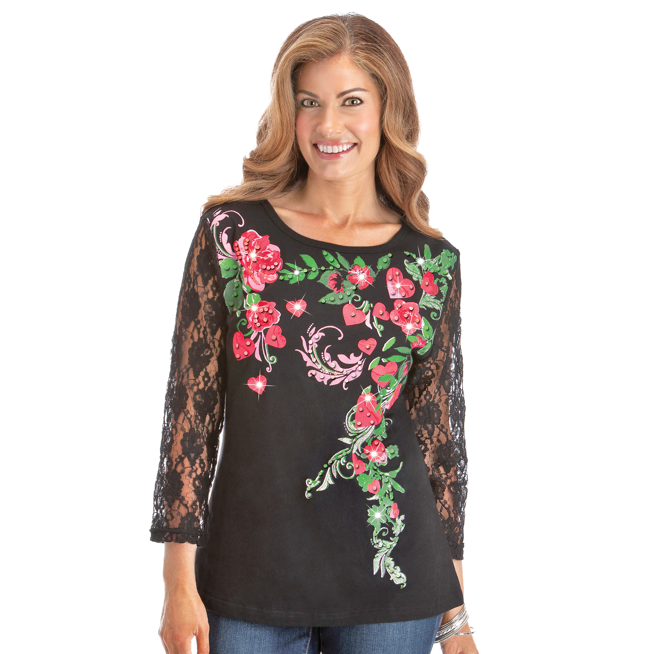 Roses & Hearts Lace Sleeve Sequin Accent Top Large Black