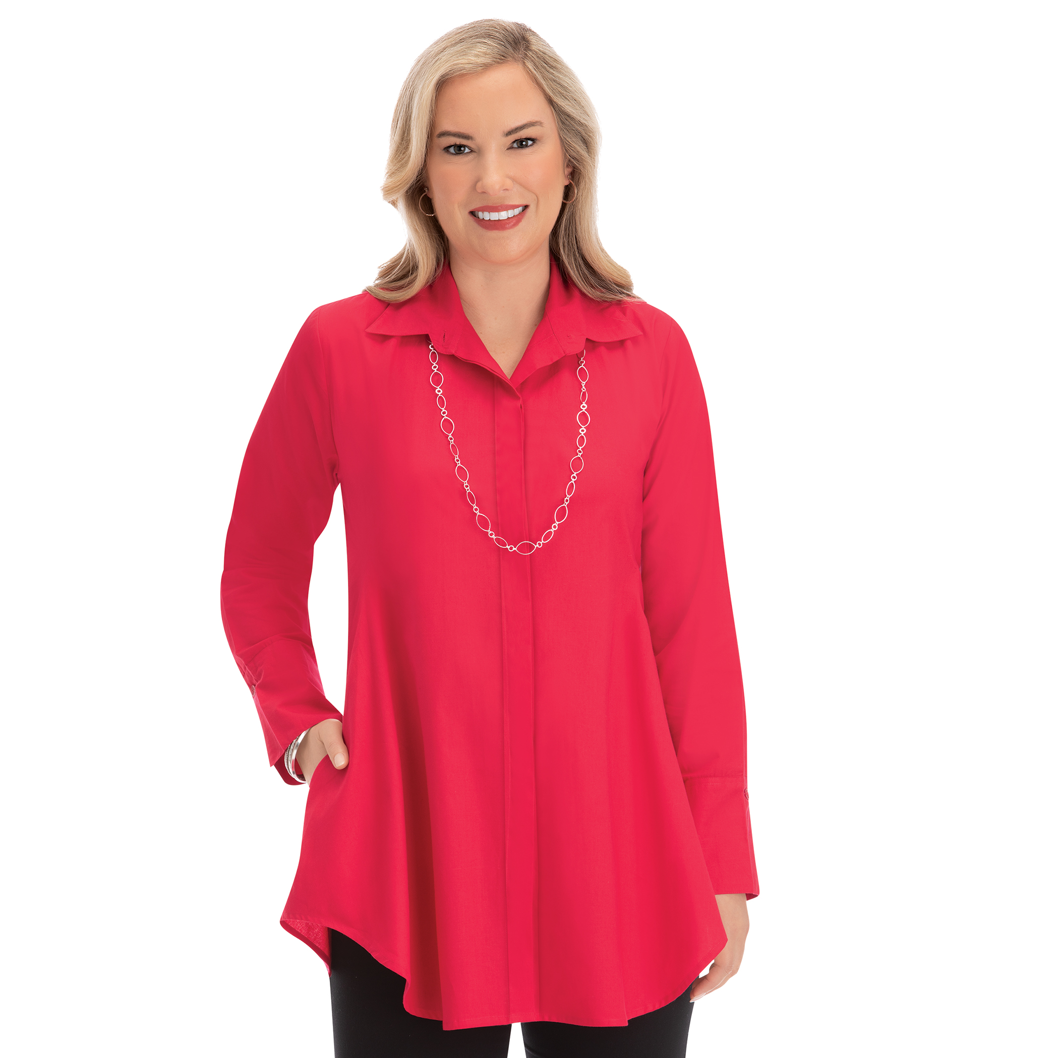 Fit & Flare Long Sleeve Collared Shirt with Pockets, Medium
