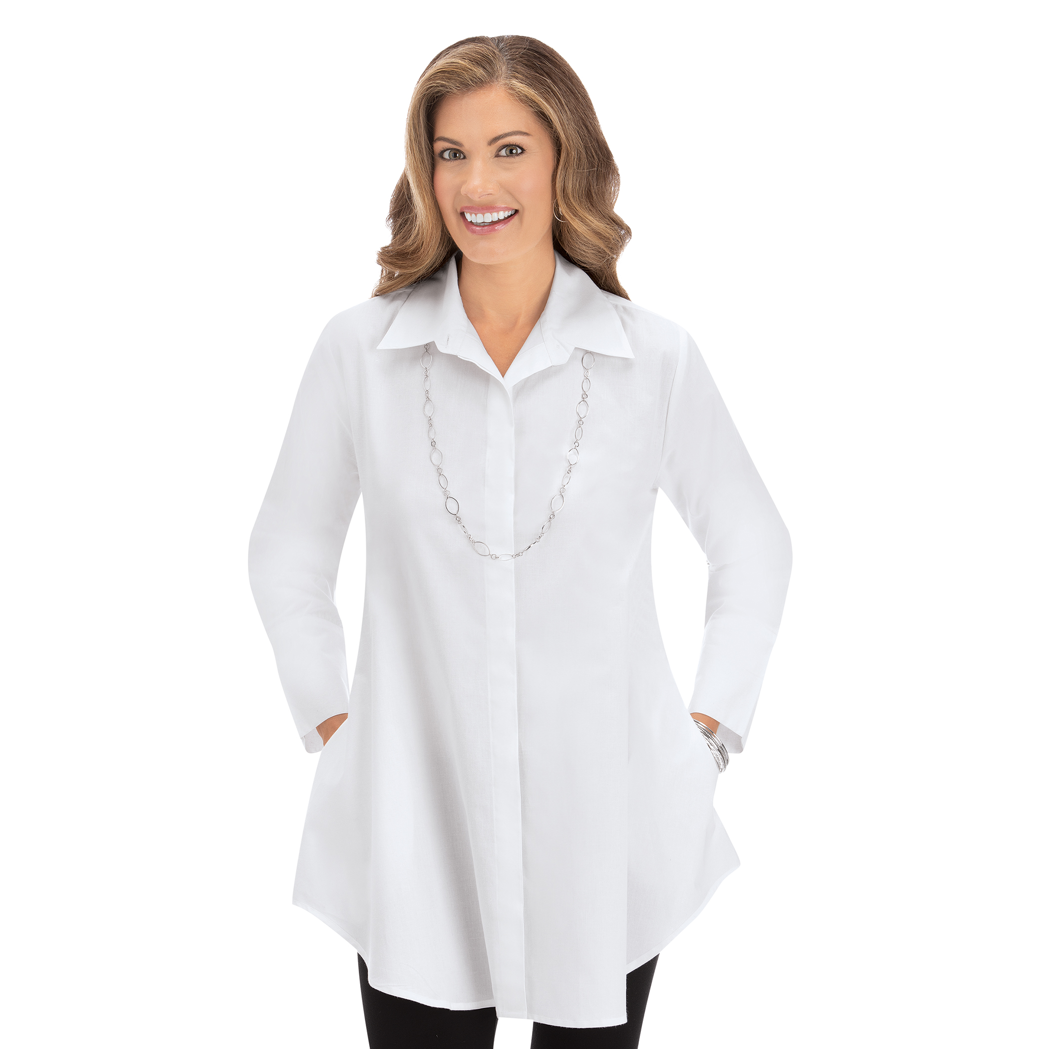Fit & Flare Long Sleeve Collared Shirt with Pockets Medium Red