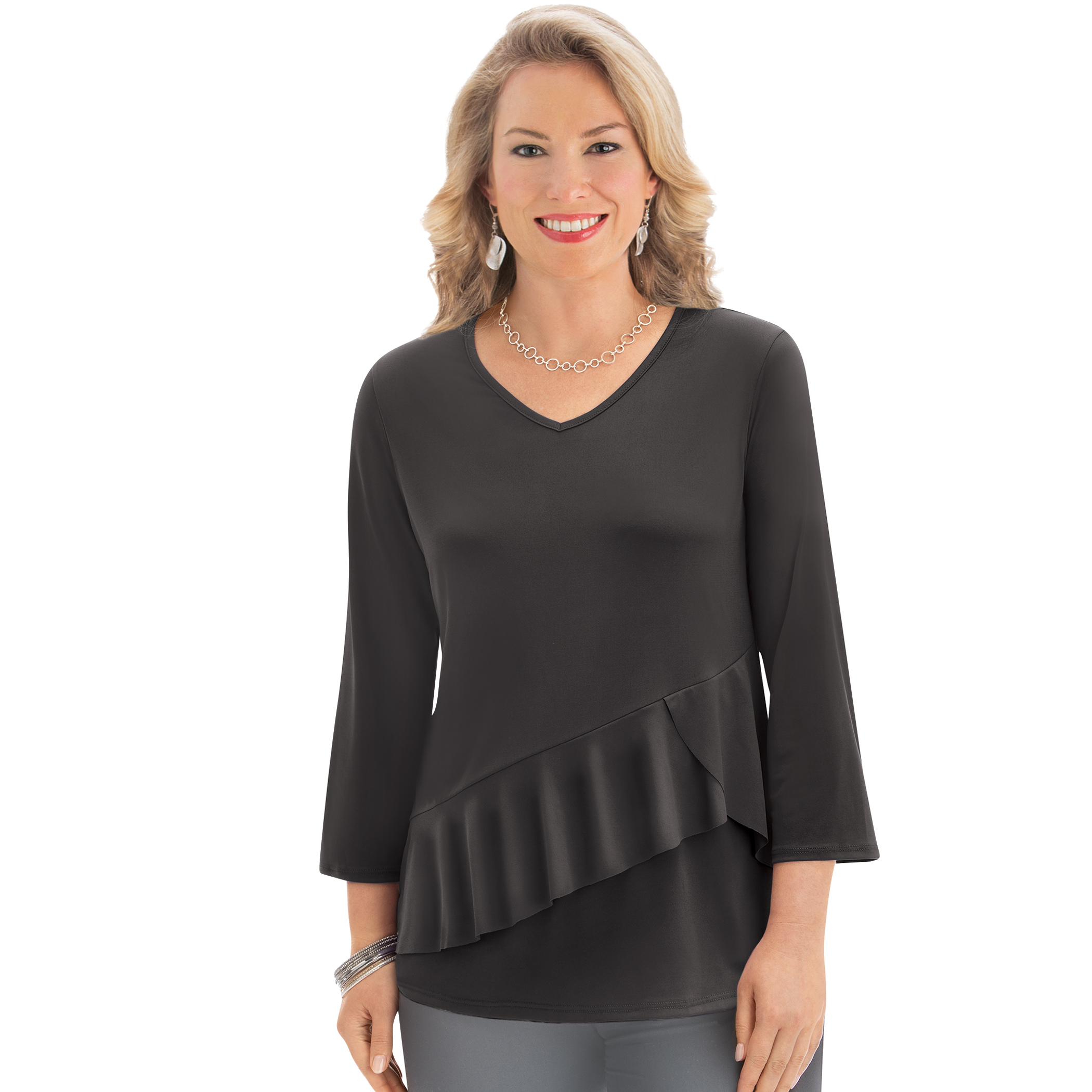 Multi-Tiered Knit Top with 3/4 Sleeves and V-Neckline, Black, X-Large