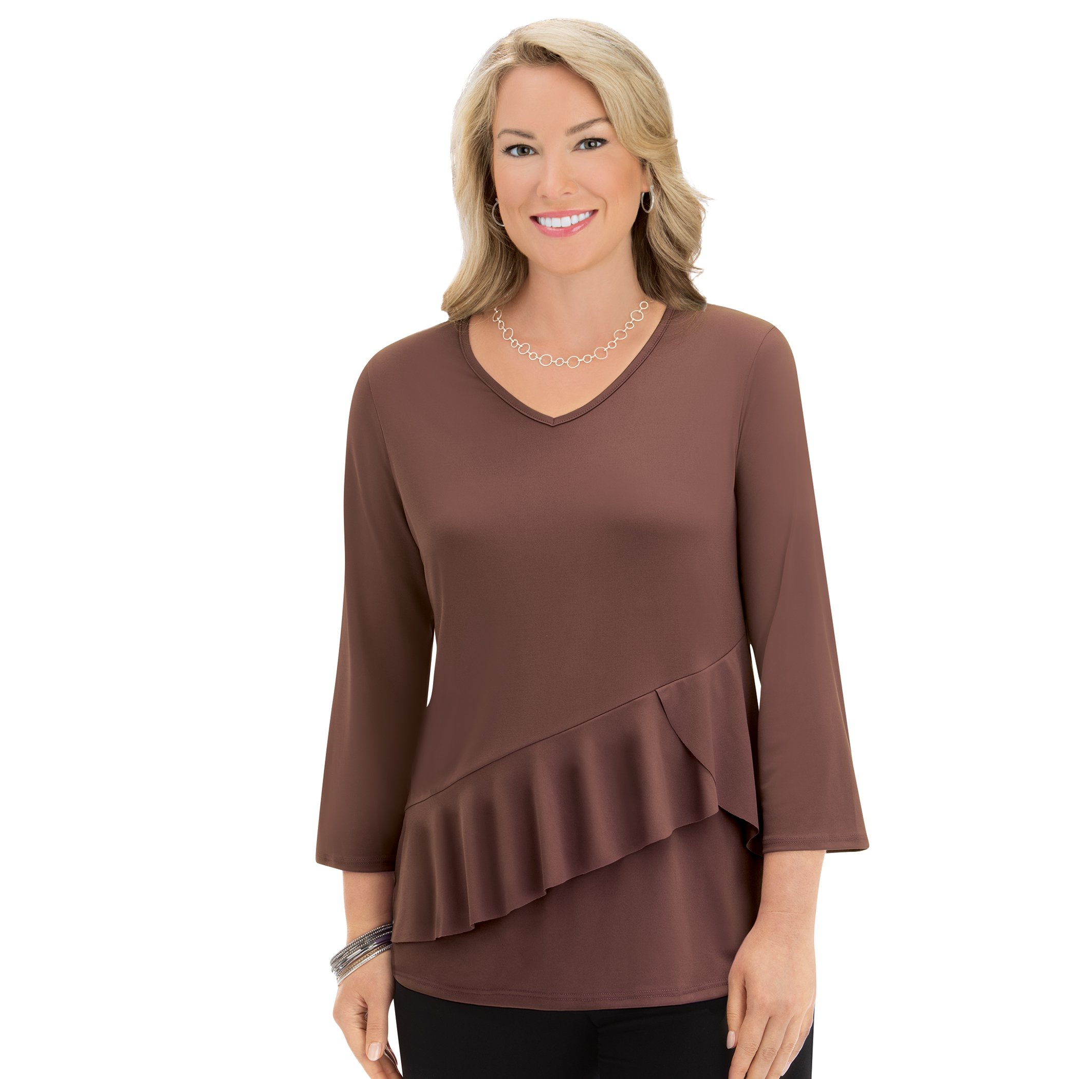 Multi-Tiered Knit Top with 3/4 Sleeves and V-Neckline, Chocolate, X-Large