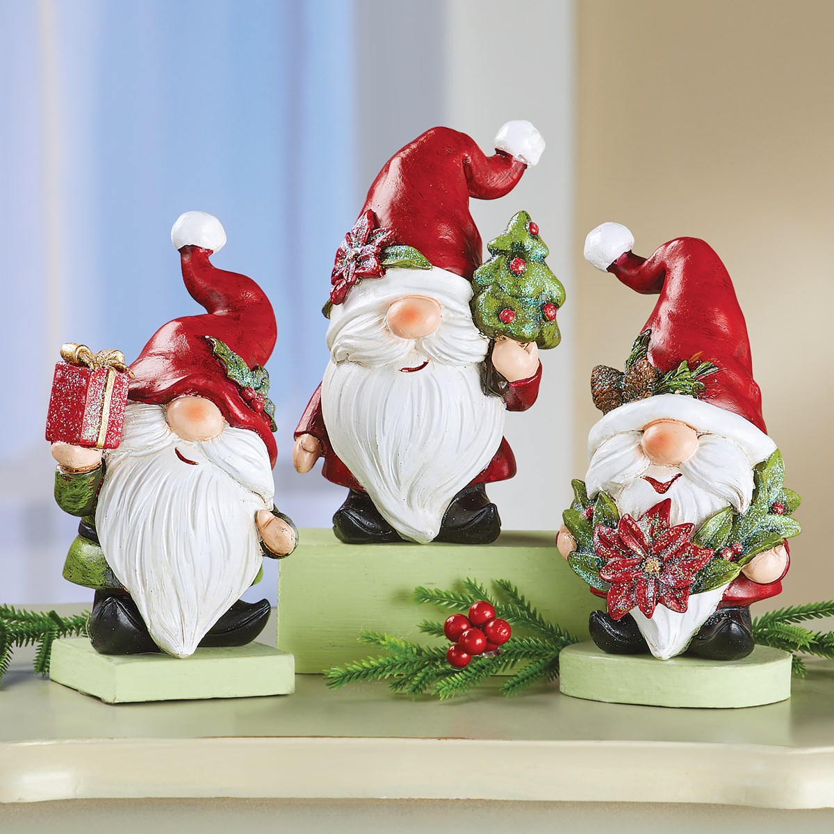 HandPainted Christmas Gnome Figurine Sitters Set of 3 Collections Etc.