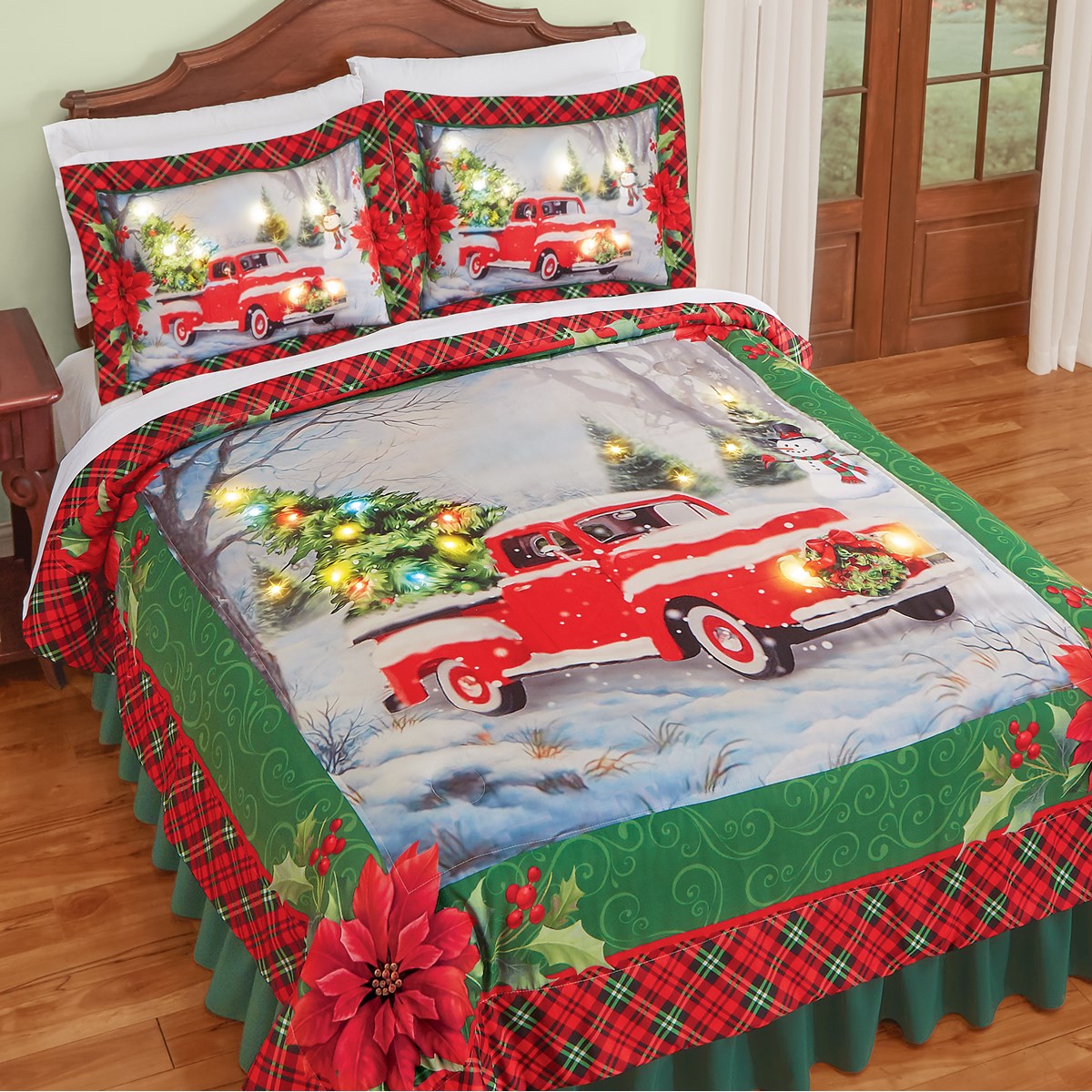 LED Lighted Festive Vintage Red Truck Comforter Collections Etc.