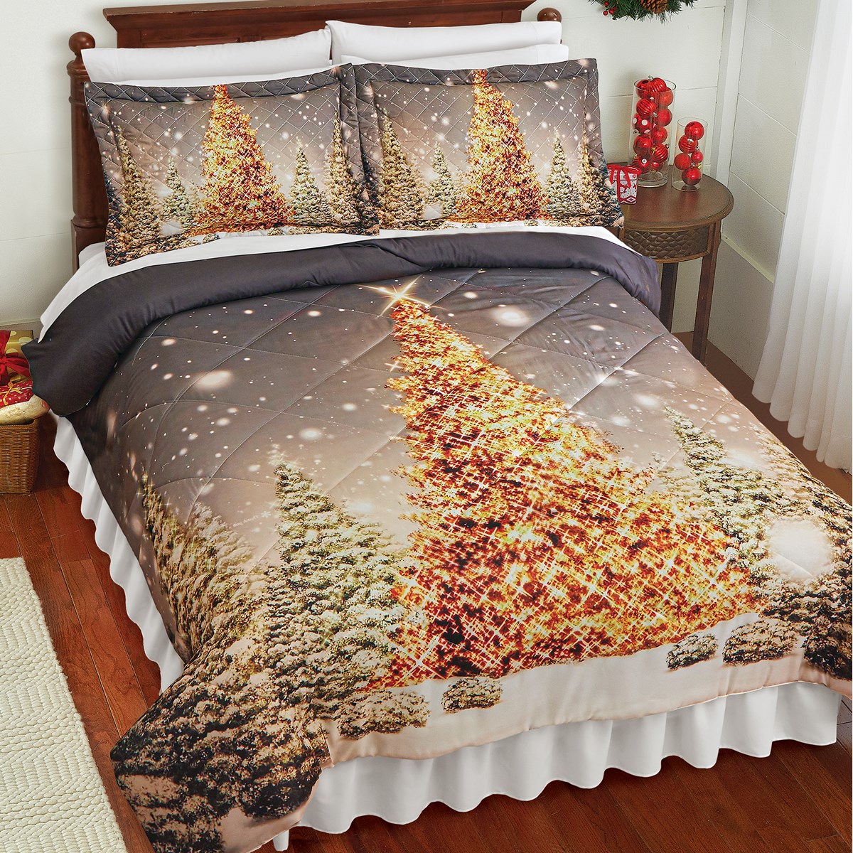 Golden Christmas Tree Comforter and Pillow Sham Set Collections Etc.