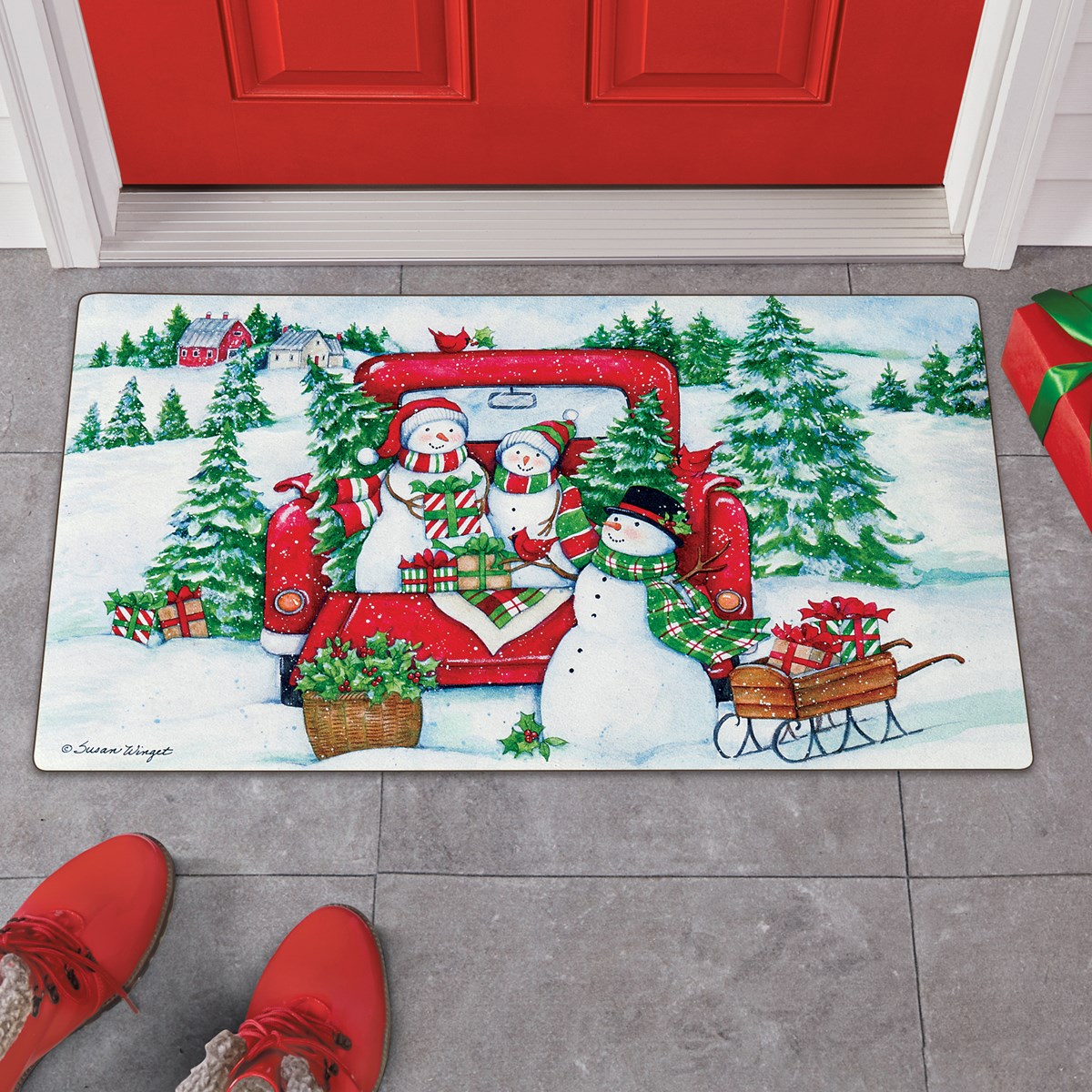Snowman Family in Red Truck Christmas Door Mat Collections Etc.
